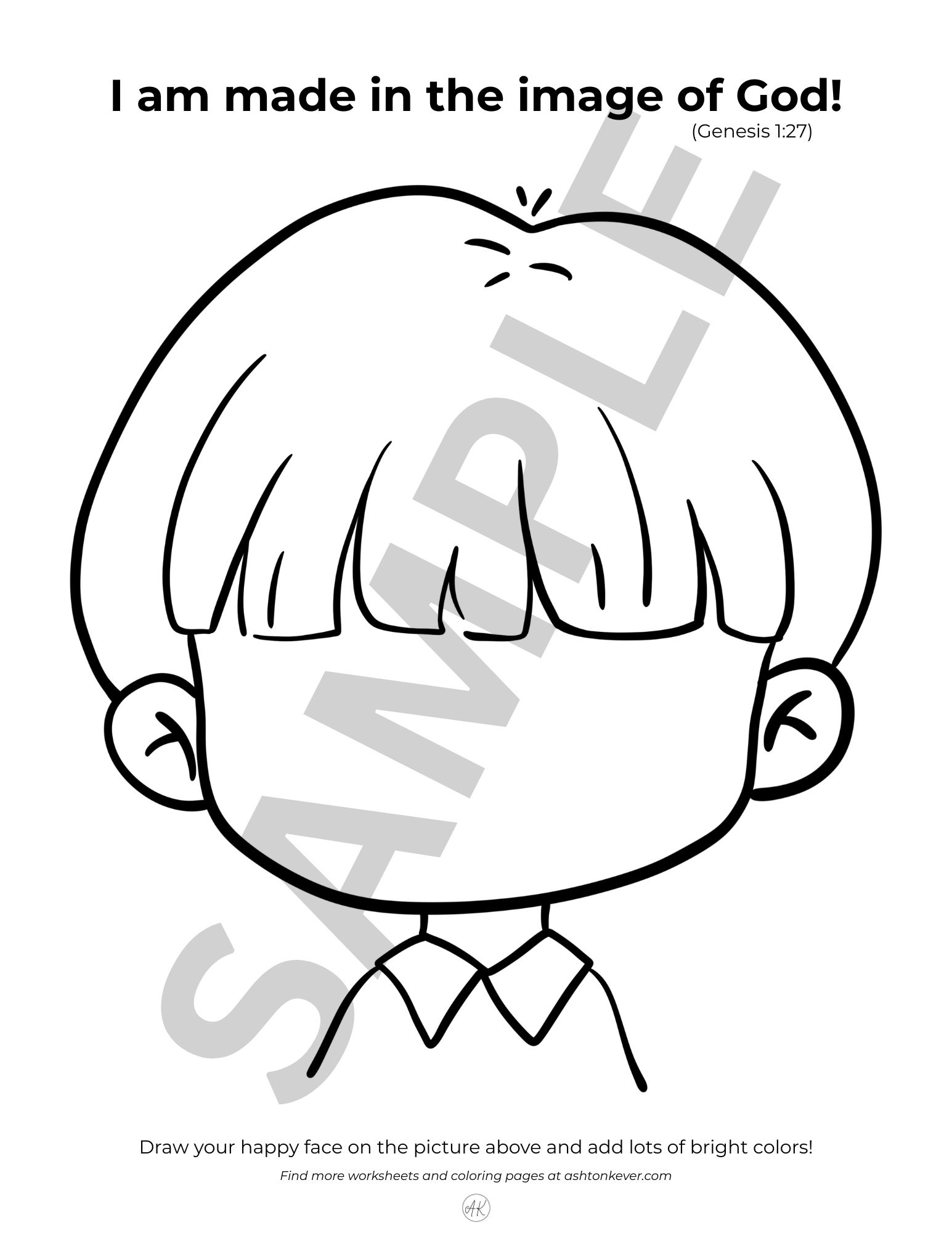 Boy coloring 'Made in the Image of God' page.