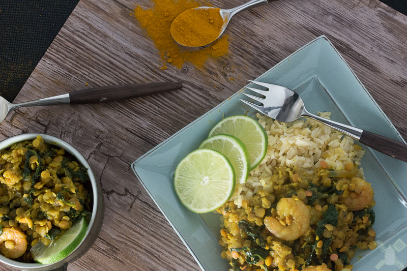 Spicy spinach and shrimp red lentils