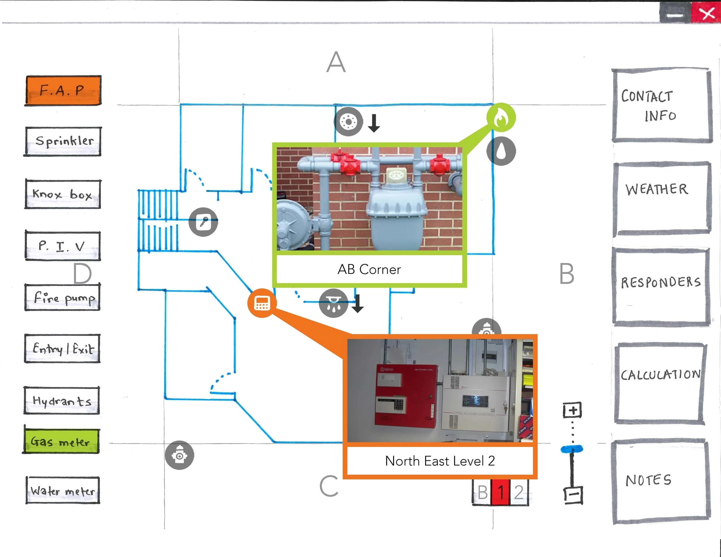 When the arrow is clocked on the right side, options will appear for a number of useful pieces of information like contact info for the building owner, weather conditions, notes from dispatch, etc.