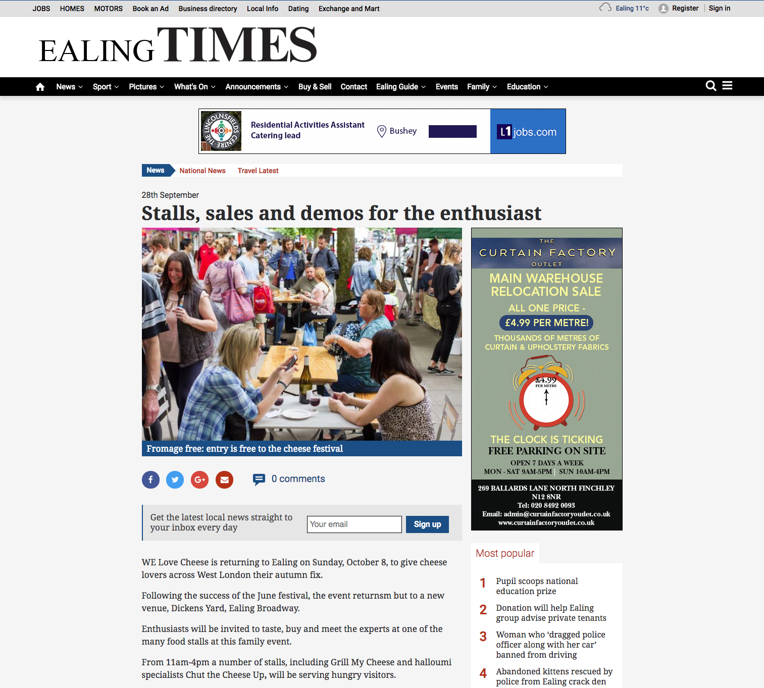 We Love Cheese article, Ealing Times