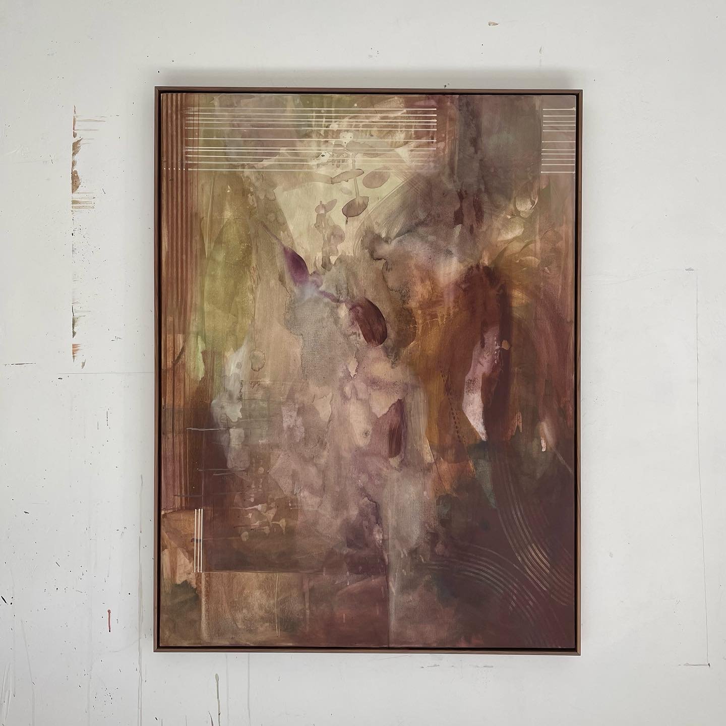 A new abstract painting has emerged. Warm tones of fluid hues ebb and flow across the canvas.Swipe for a closer look. 
FLOW 
36 x 48
Acrylic on canvas
Framed in a walnut frame. 
Dm to purchase