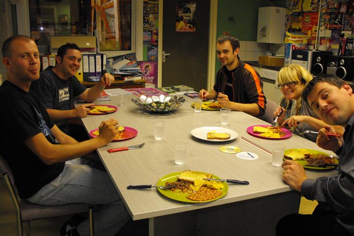 L-R Phil (Stores Assistant), Ian (Stores Manager), Sarah's plate (Business Manager - Sarah, not the plate, obviously!), Chris (Technicals), Louise (Production Assistant) and Steve (Executive Producer).