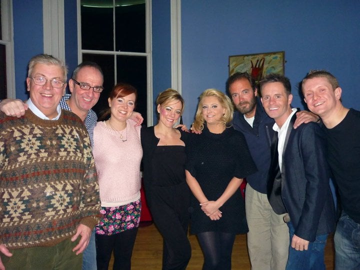 The cast relax after the gala show! L-R Russell Richardson (Alderman Fitzwarren), Steven Wren (Sarah the Cook), Suzanne Donaldson (Dick Whittington), Adele Rankin (Alice Fitzwarren), Louise McCarthy (Fairy Bowbells), Peter Amory (King Rat), Liam Dolan (Idol Jack) and Gary Richardson (Stinky).