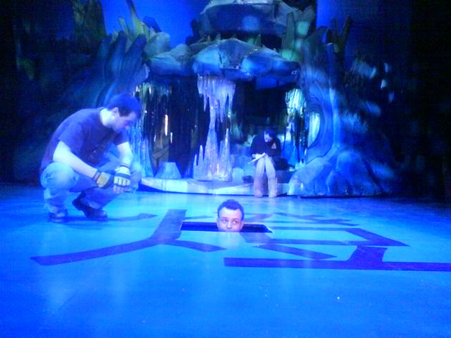 The stage 'gives birth' to Leon in front of the cave!