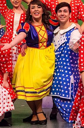 Production photo by Helen Ashbourne. Copyright owned wholly by Imagine Theatre Ltd. Shows Thompson and Hannah Farquharson as Snow White