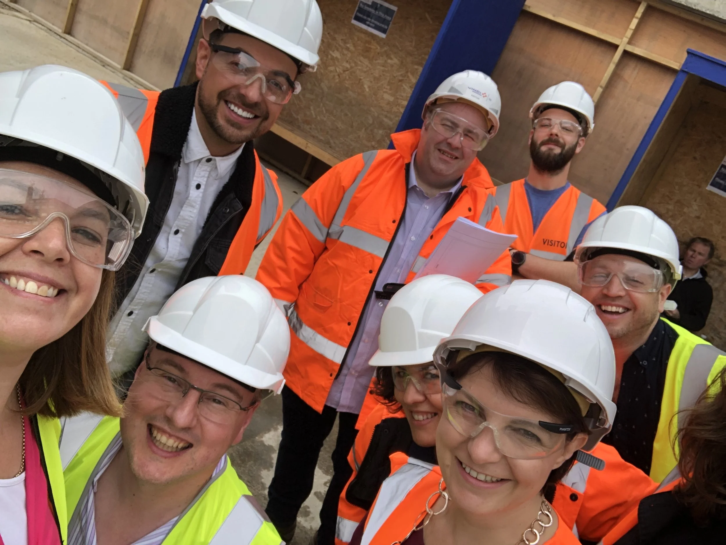 The Imagine Theatre team all ready to go on a site visit! L-R Sarah Boden (Imagine Business & Marketing Director), Mark Walters (Designer); Steve Boden (Imagine Managing Director), Dave Edmunds (Imagine Head of Operations), Laura (graphics), Laura Taylor (Imagine Production Consultant), Greg (Fairfield Halls Technical) and George Wood (Director)