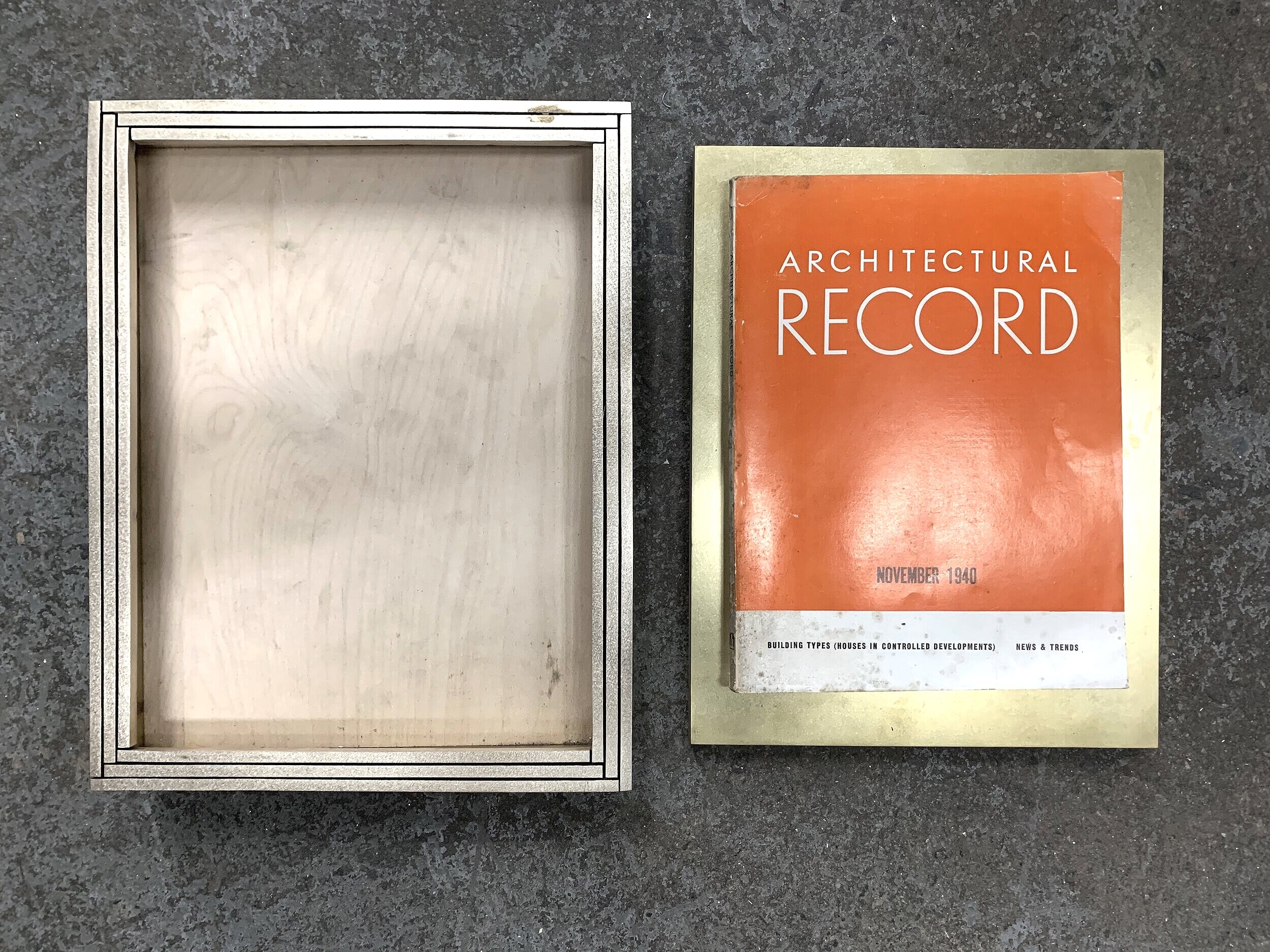 Vintage Architectural Record magazine frame box made from brass scraps.