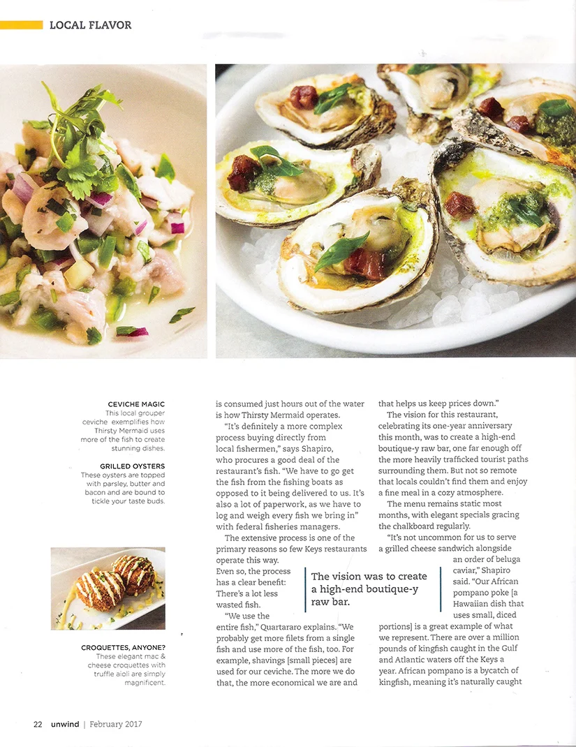 Page two from the UNWIND THE FLORIDA KEYS magazine article featuring Thirsty Mermaid: “Thirsty for a Fresh Catch”
