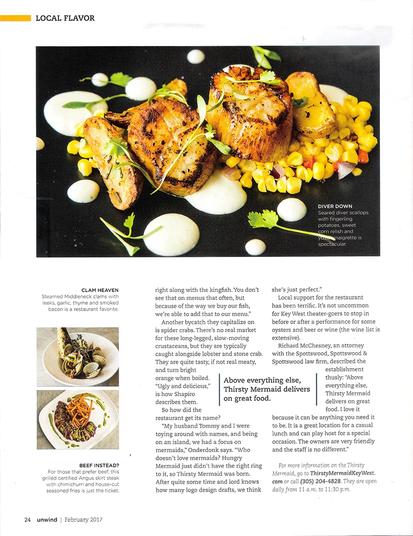 Page three of the UNWIND THE FLORIDA KEYS magazine article featuring Thirsty Mermaid: “Thirsty for a Fresh Catch”