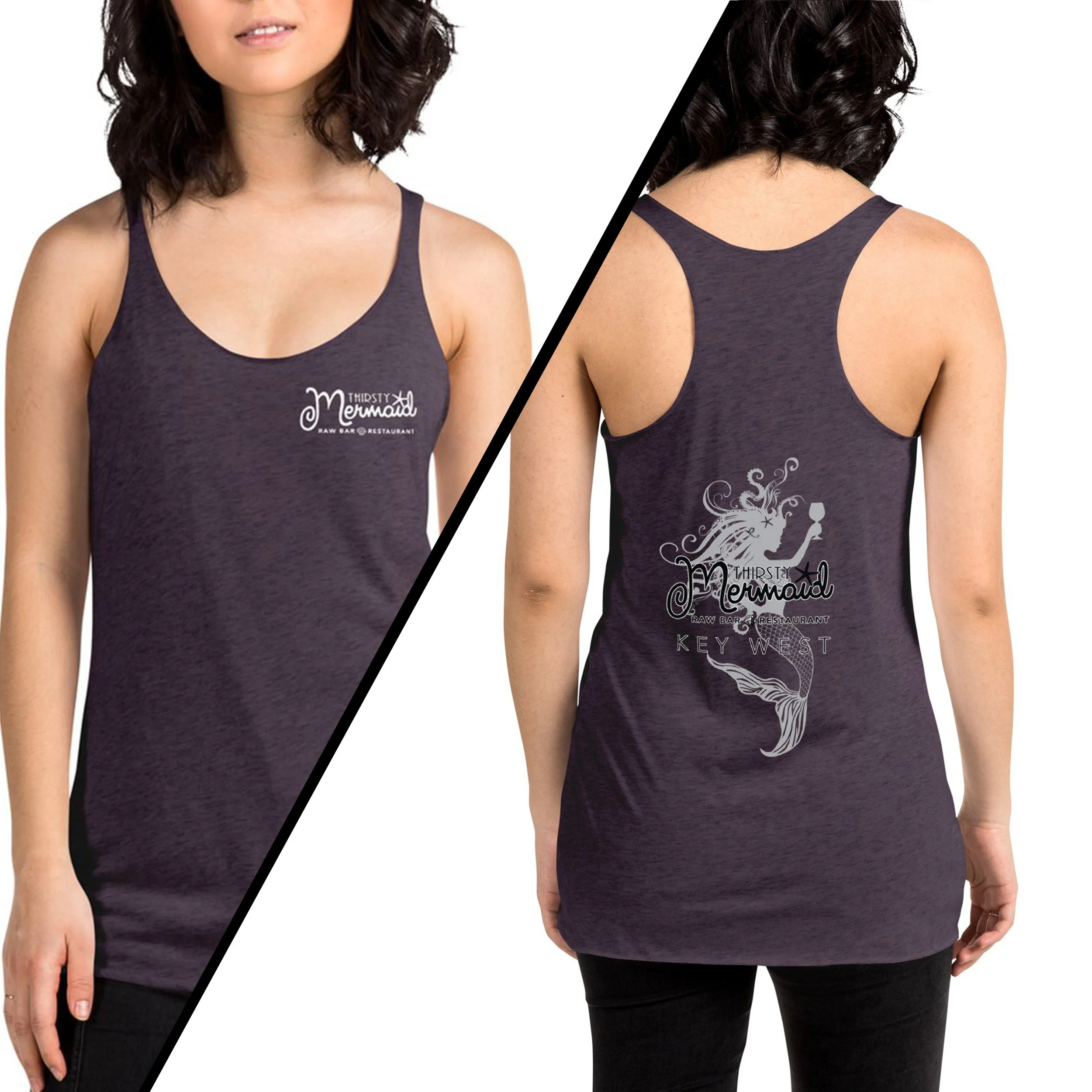 front and back view of thirsty mermaid women's racerback tank in vintage purple