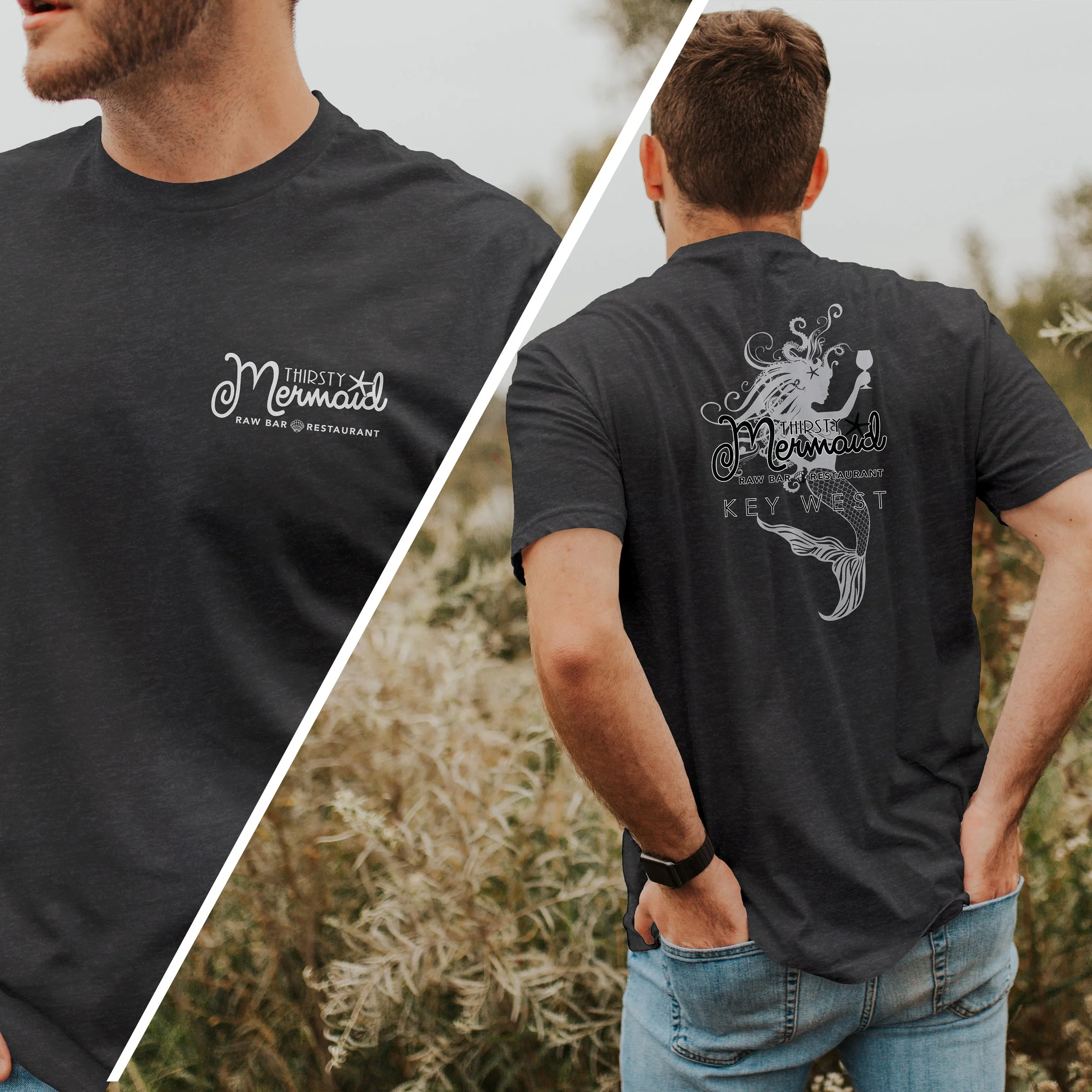 front and back view of thirsty mermaid mens t-shirt on dark heather gray
