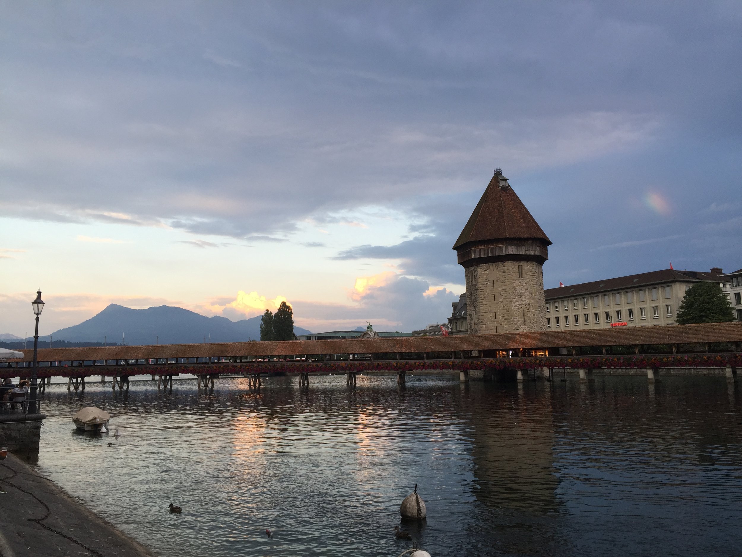 One of Lucerne's famous bridges at sunset
