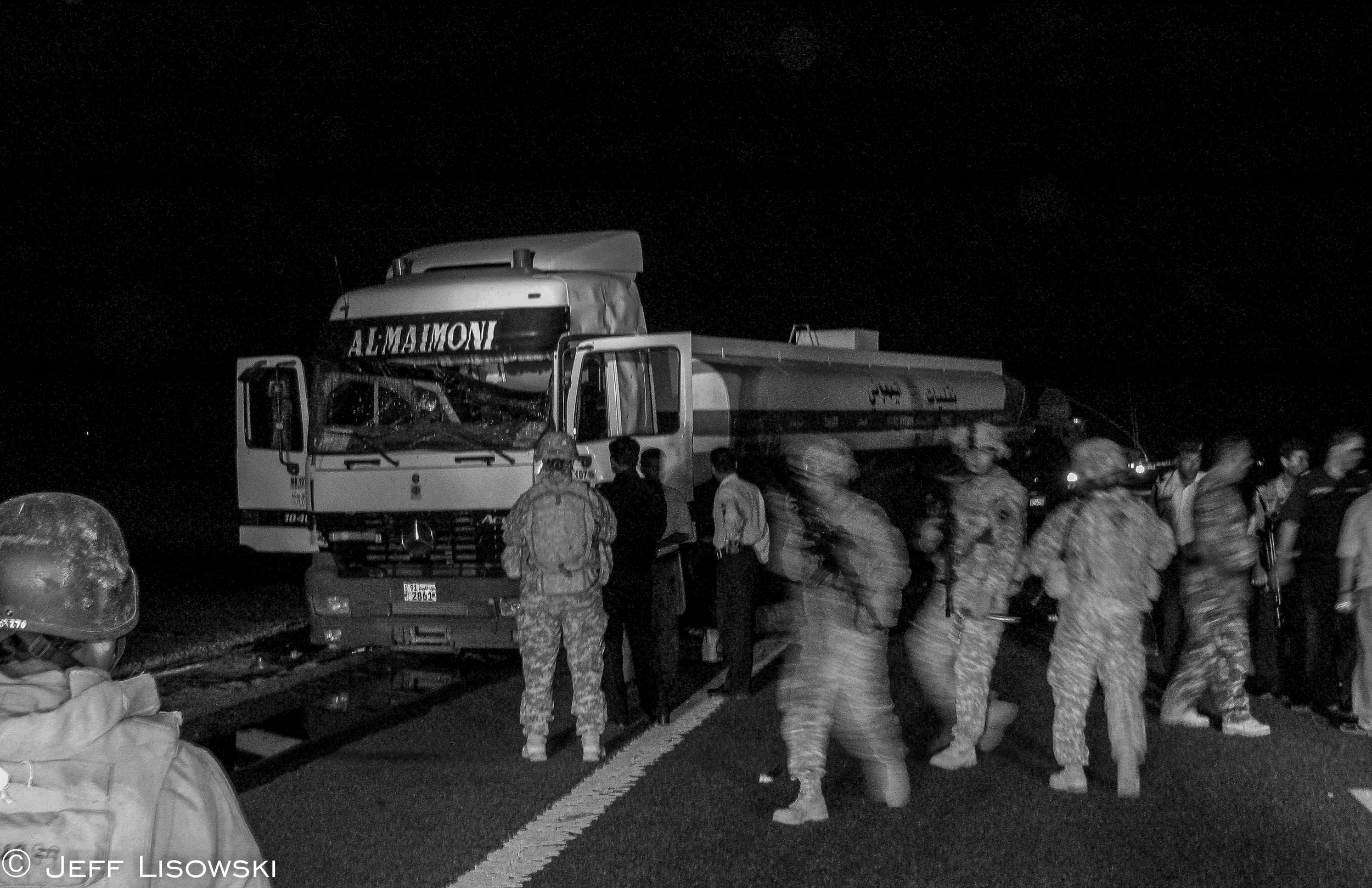 A very lucky TCN (Third Country National) tanker driver. An EFP (explosively fueled projectile- a form of roadside bomb) hit the back of the sleeper on this truck causing shrapnel to penetrate the cargo tank filled with JP8 which did not ignite. But that was not always the case. Countless tankers were hit and burned up along every road in Iraq. 