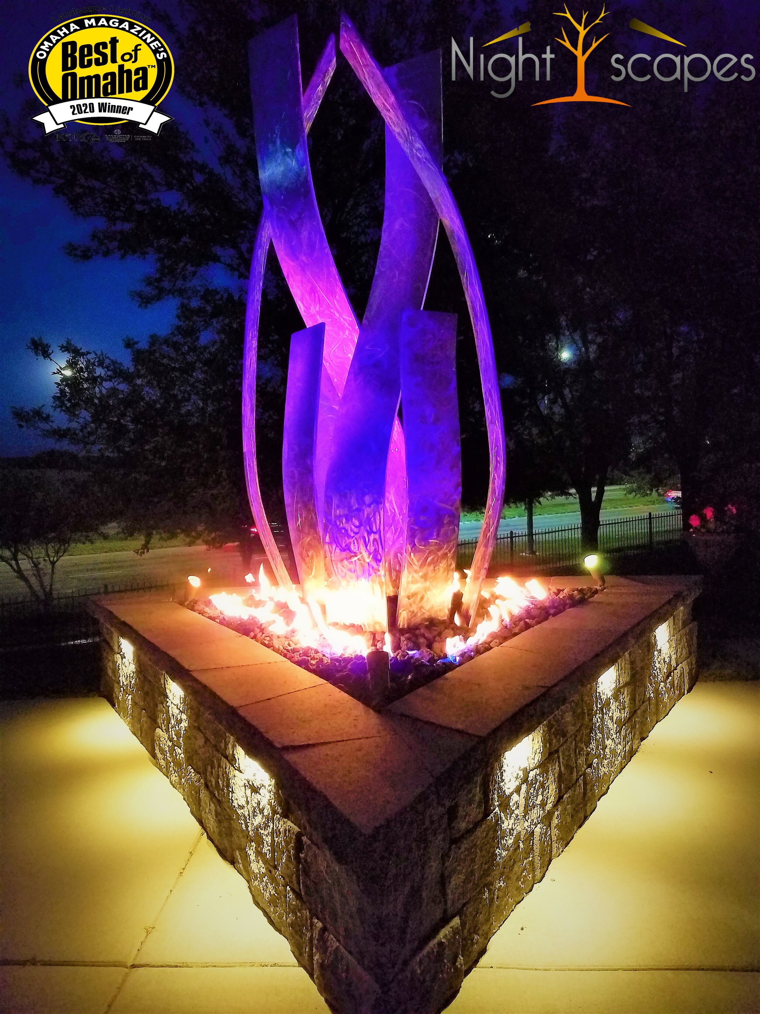 Fire Pit Stainless Steel Sculputre and Colored Lighting