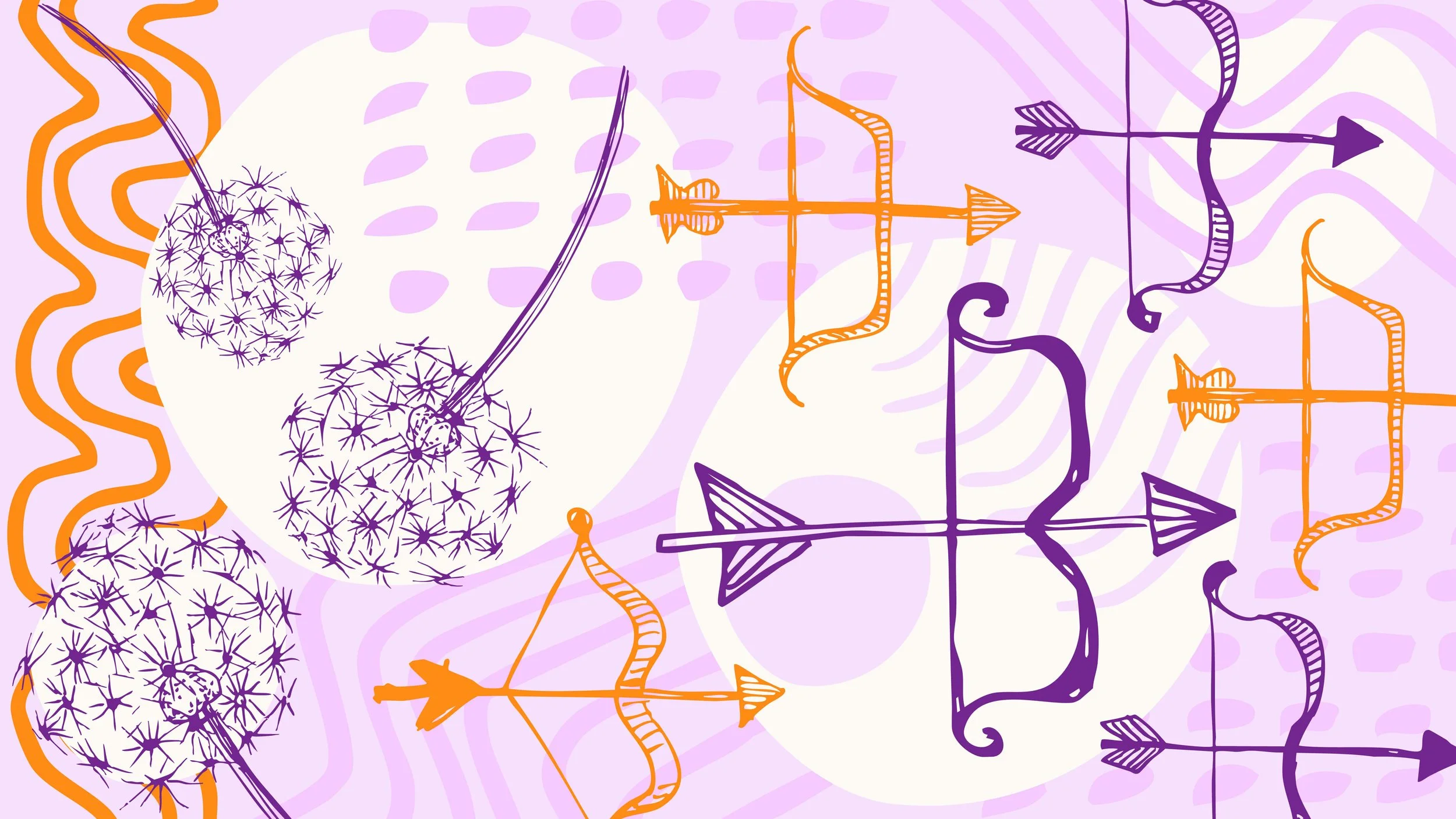 Image is of a hand drawn bow and arrow with dandelions and patterns in Purple, Orange, and lavander