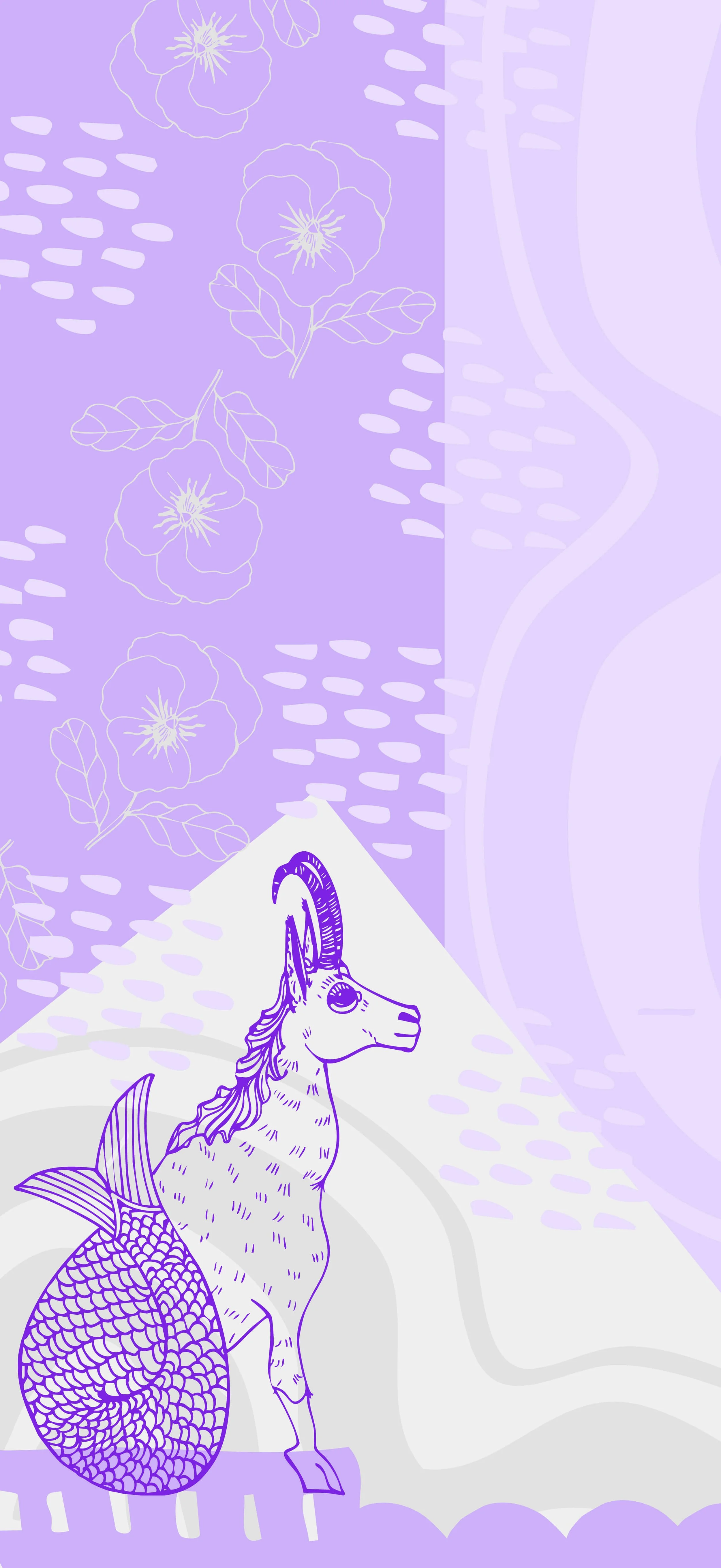 A violet sea goat (which is half goat half fish) on a background of shapes and pansys in purple and grey.