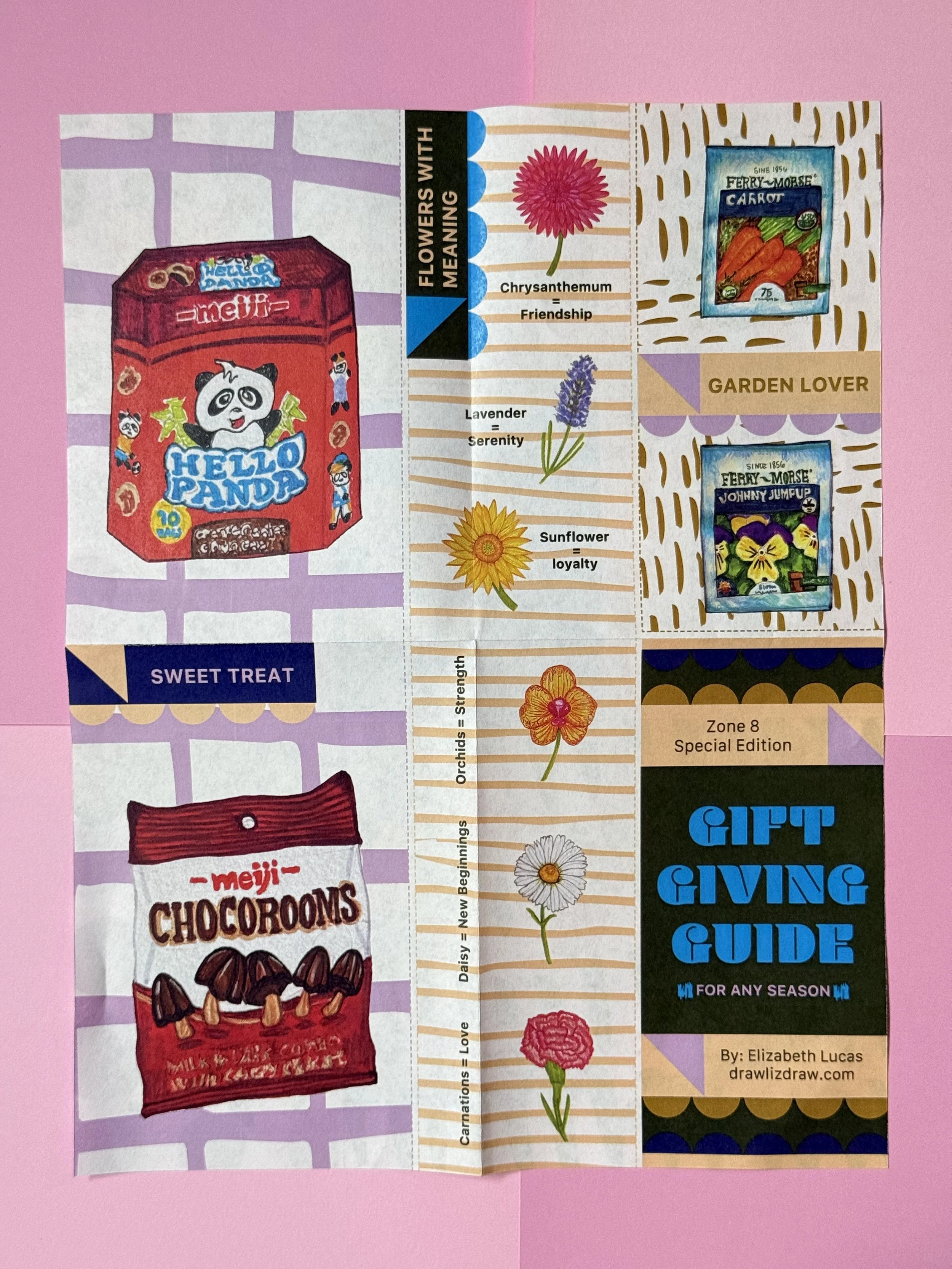 Hand drawings of Hello Pandas, Chocorooms, seed packets and flowers on top of wild patterns.