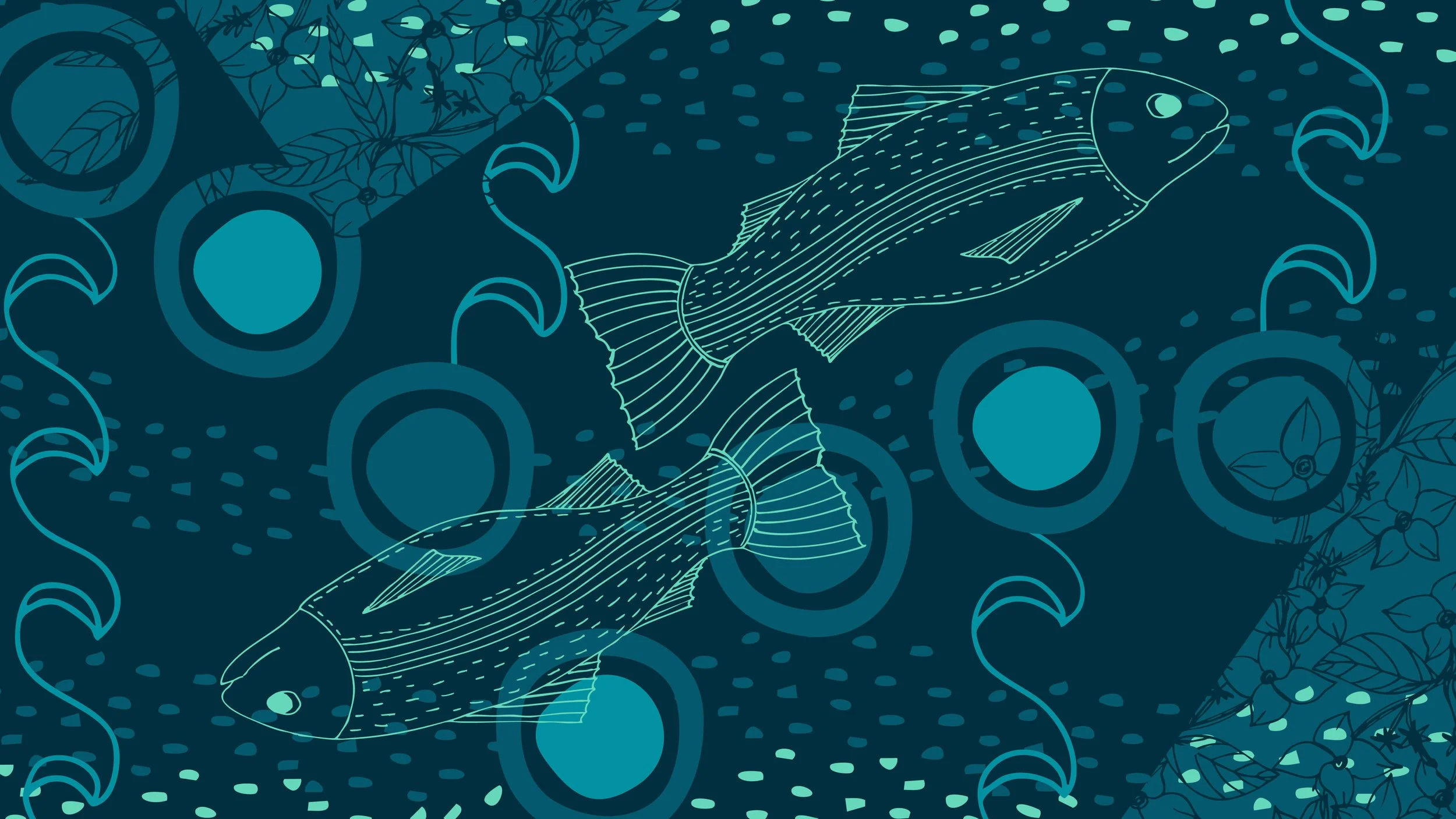 Two fish on the background of handdrawn shapes in deep blues and seafoam green