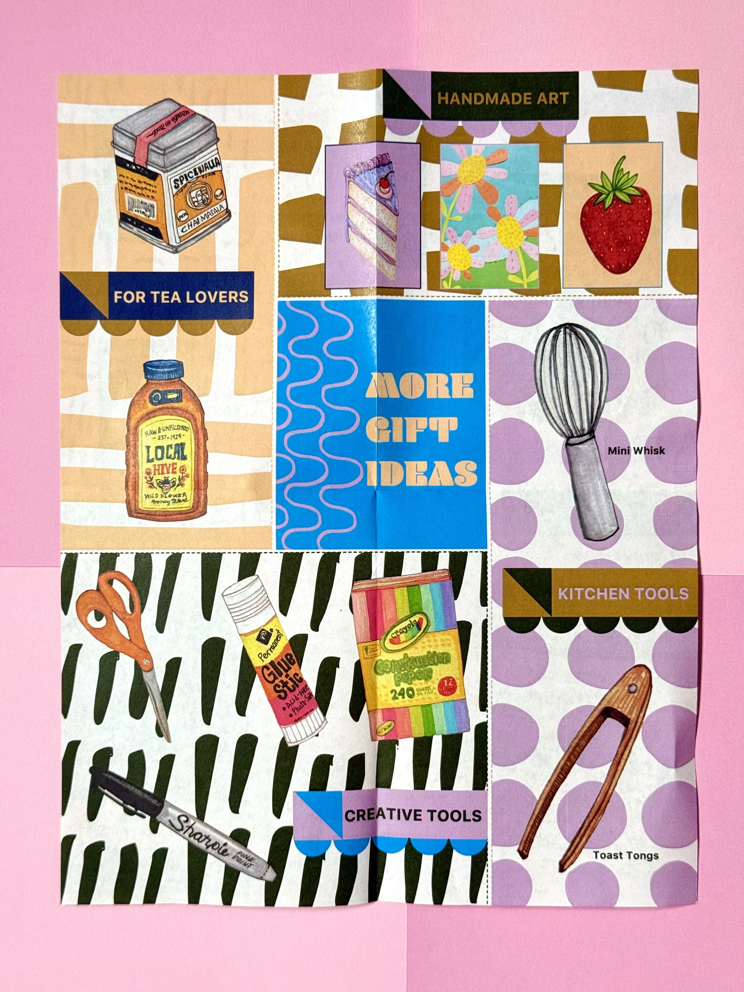 Gift Guide back page with hand drawn images of Honey, Chai Spice , mini whisk and toast tongs on a background of wild patterns