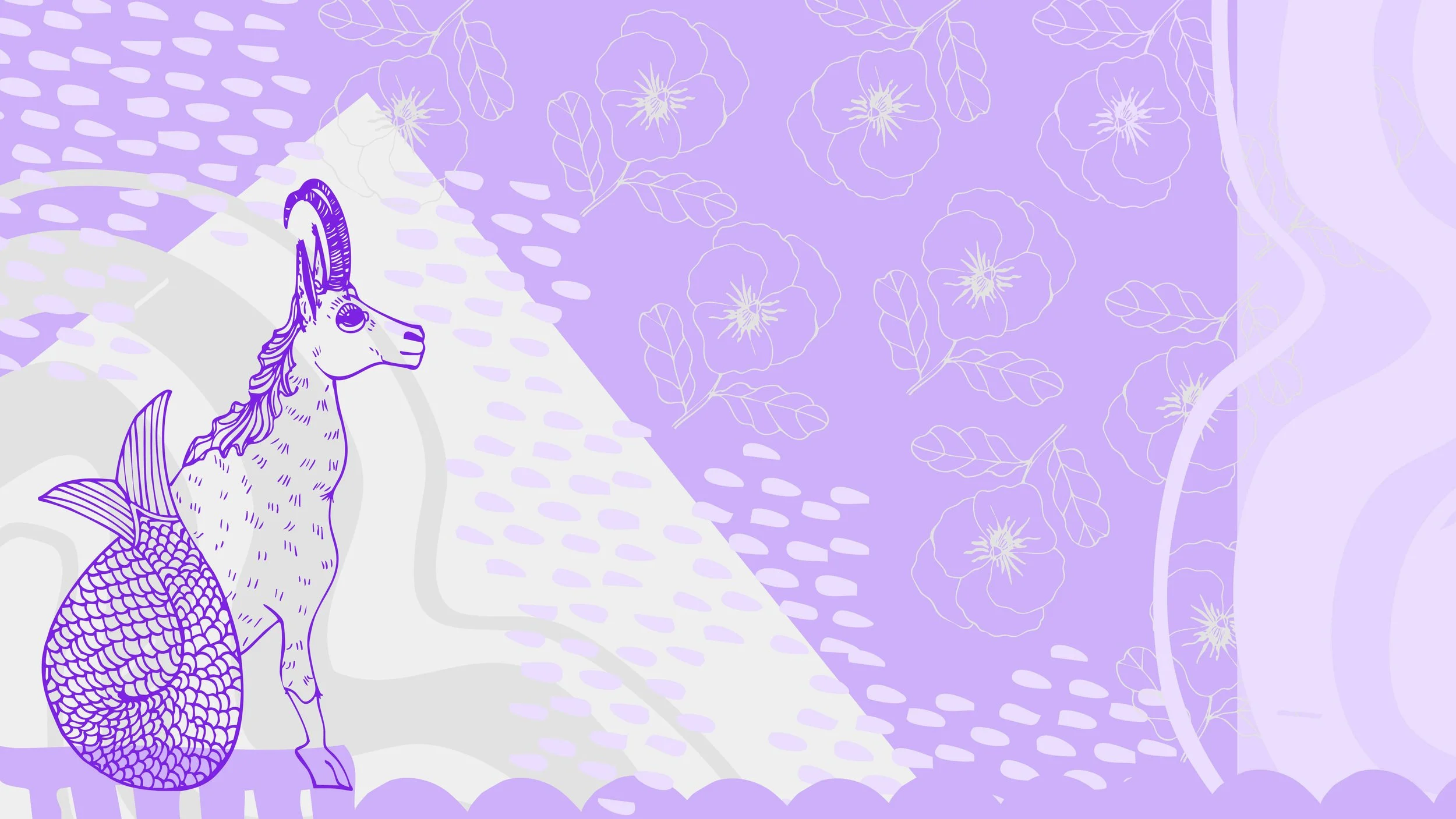 A violet sea goat (which is half goat half fish) on a background of shapes and pansys in purple and grey.