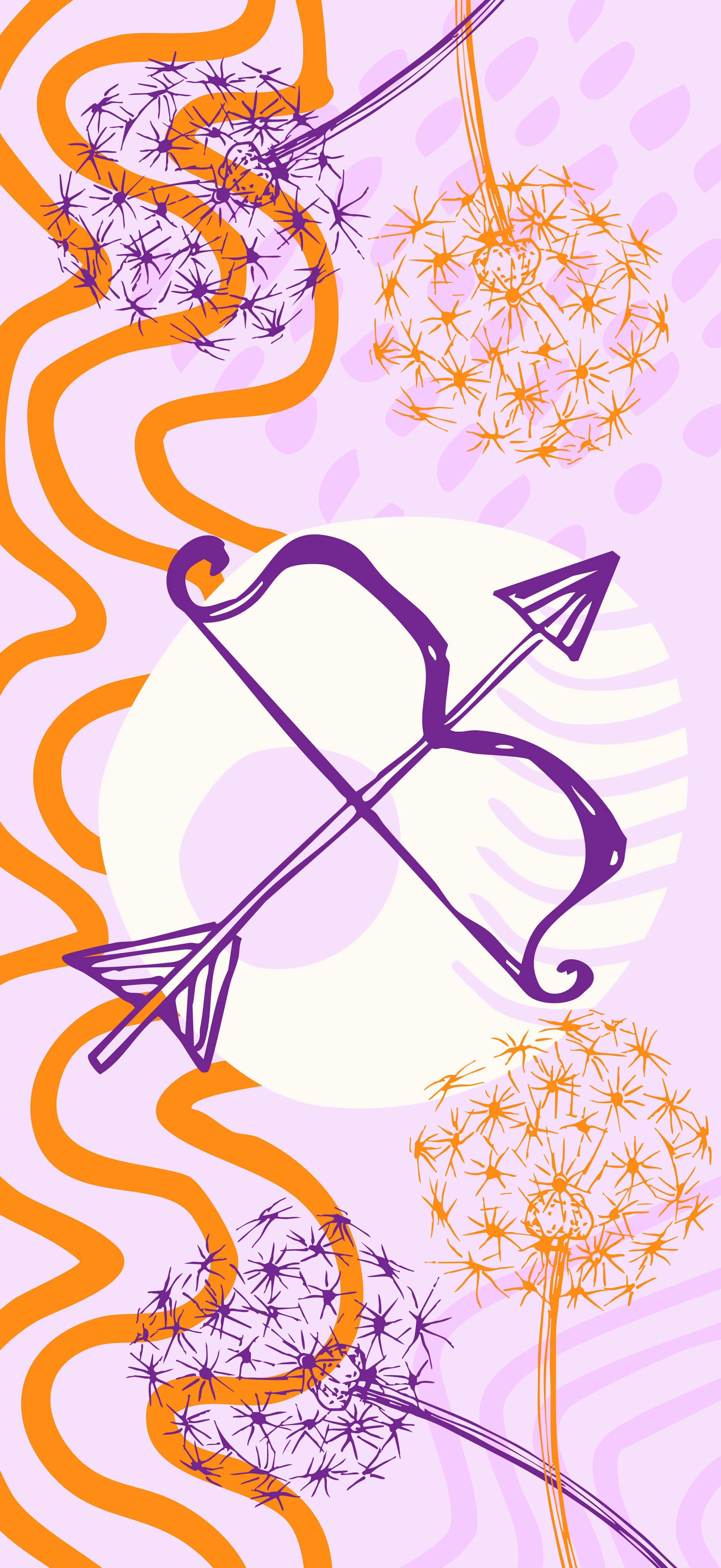 Image is of a hand drawn bow and arrow with dandelions and patterns in Purple, Orange, and lavander