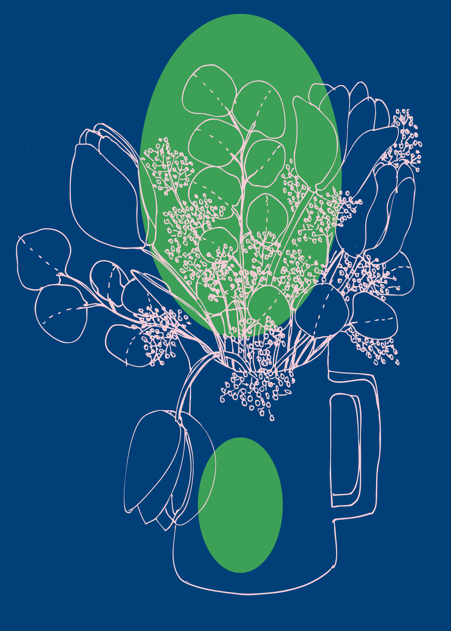 Drawing of a spring flower arrangement with tulips and eucalyptus leafs on a blue and green background