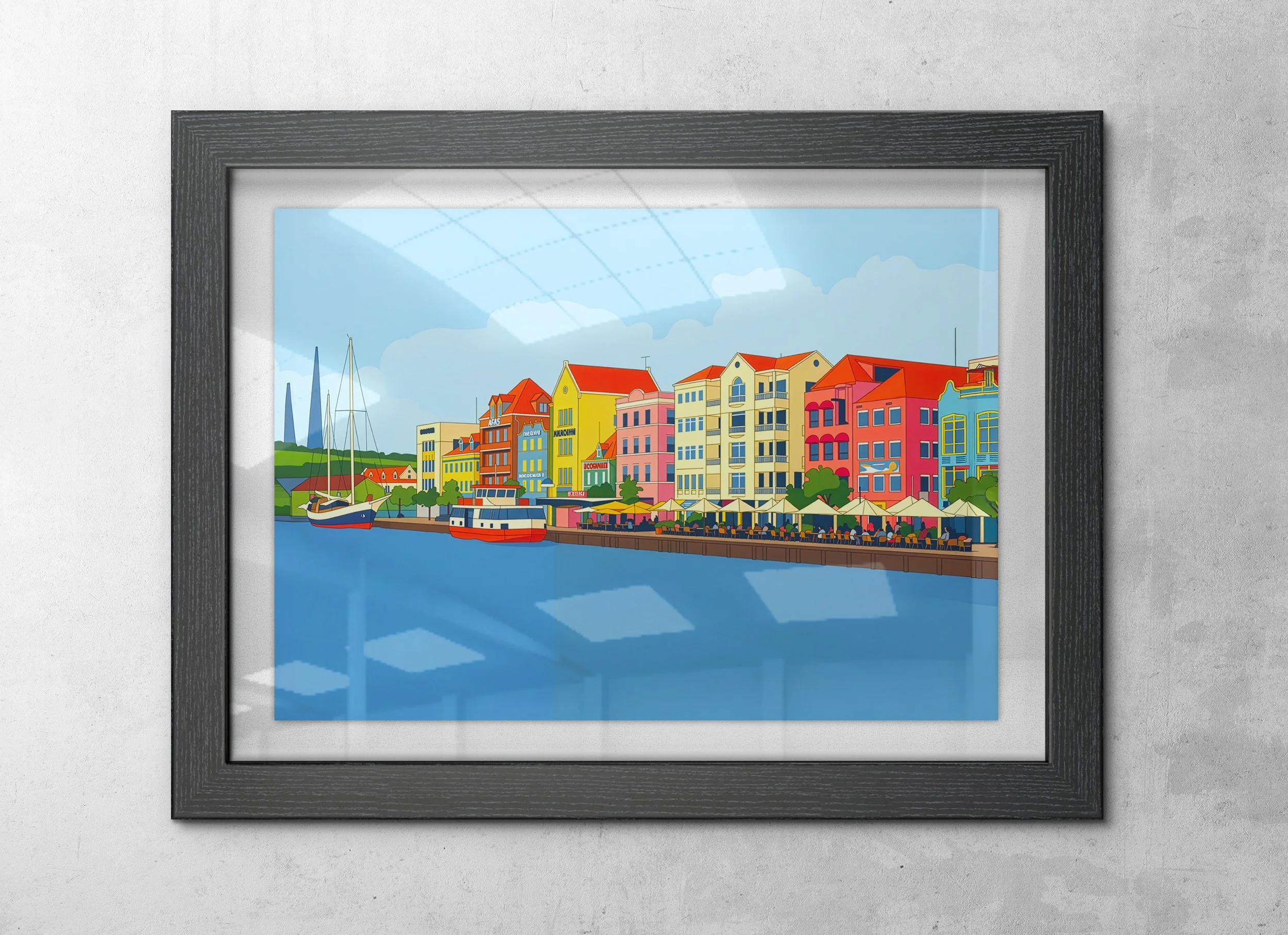 This vibrant digital artwork captures the iconic waterfront of Willemstad, where rows of colorful, Dutch colonial buildings line the calm Caribbean harbor.