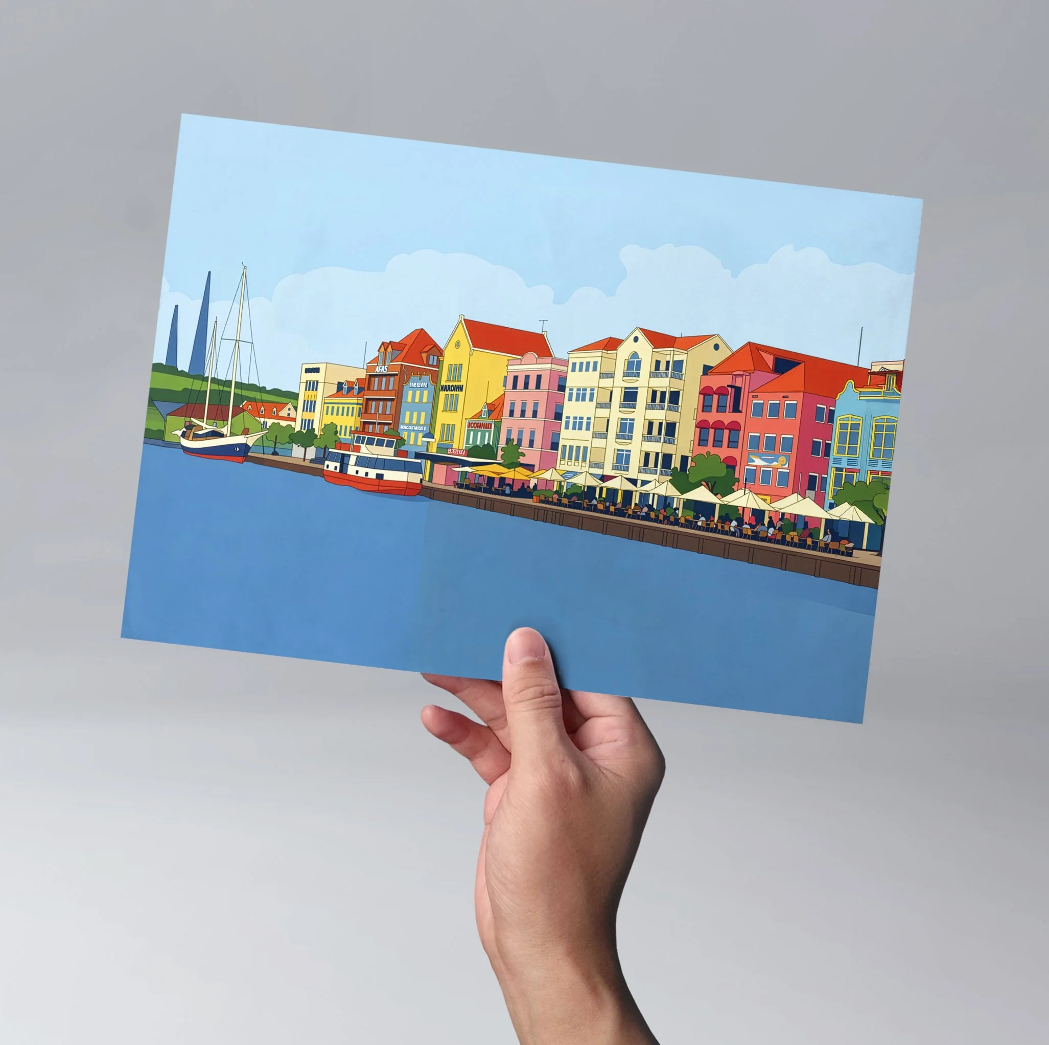 This vibrant digital artwork captures the iconic waterfront of Willemstad, where rows of colorful, Dutch colonial buildings line the calm Caribbean harbor.