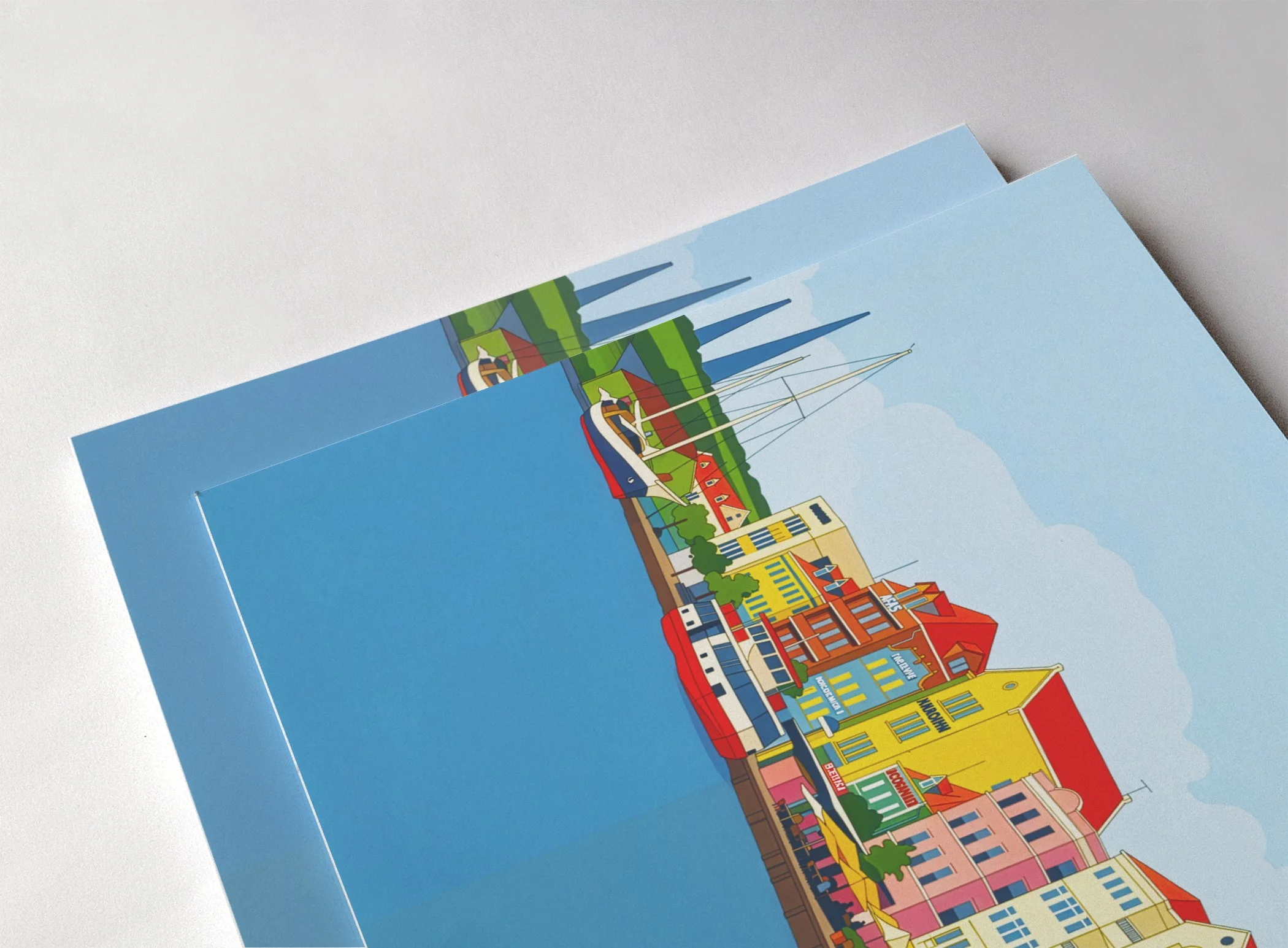 This vibrant digital artwork captures the iconic waterfront of Willemstad, where rows of colorful, Dutch colonial buildings line the calm Caribbean harbor.