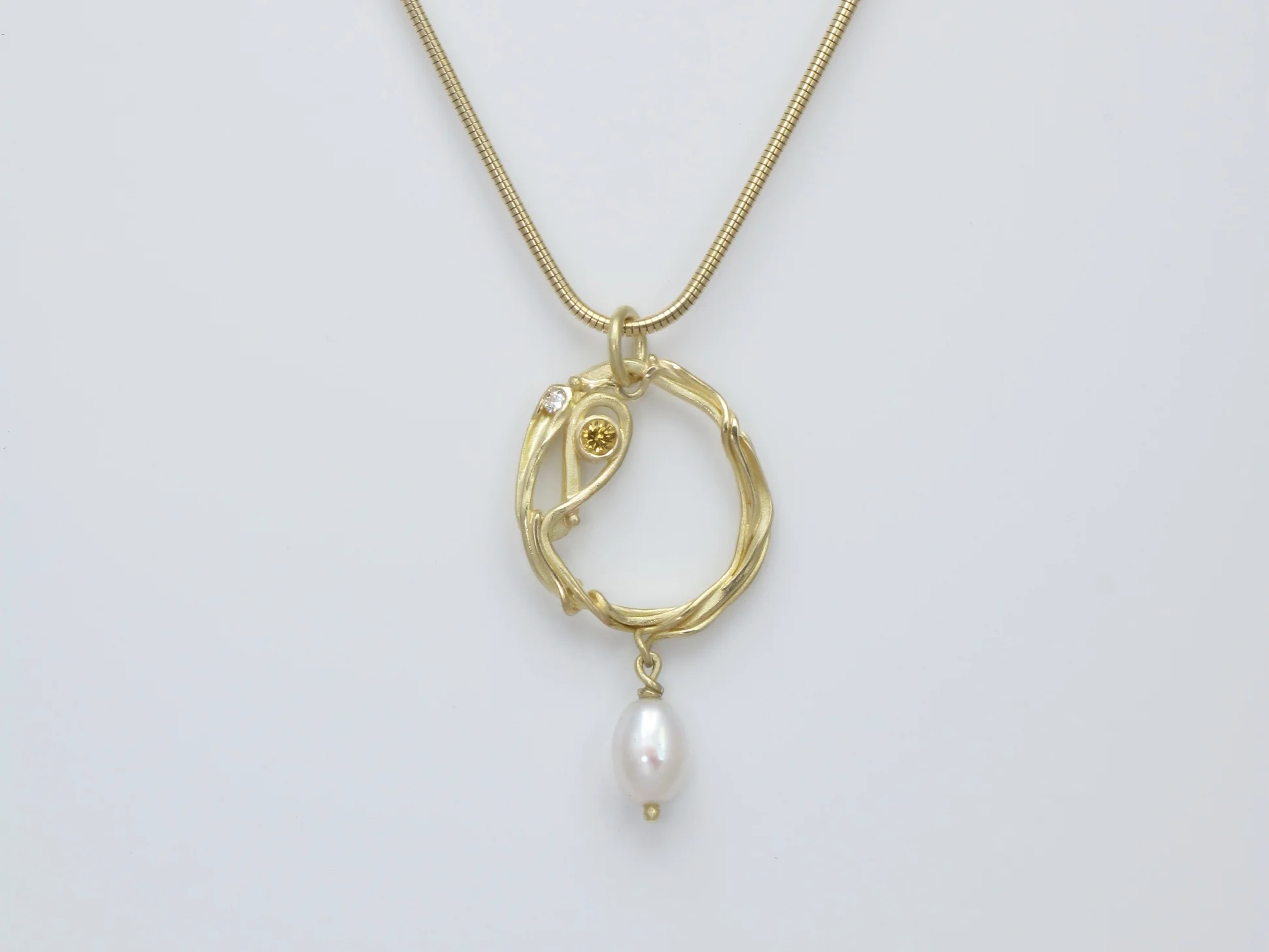  2 sided pendant. Yellow Sapphire and Diamond. Blue Moonstone and Diamond. Biwa freshwater Pearl. 18k 