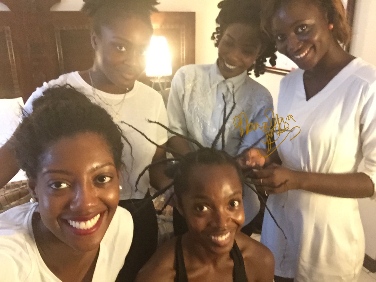 I really wanted my character Nana Yaa to highlight a classic African hairstyle from the golden years this season, so I suggested what I personally call "The Threaded Crown"- what better way to showcase it than on her birthday in episode 9? Pictured Sylist Afua Rida and Stylist Assistants Baboa Techie-Menson, Marian Sama Fletcher and Kukuaa Ghansah