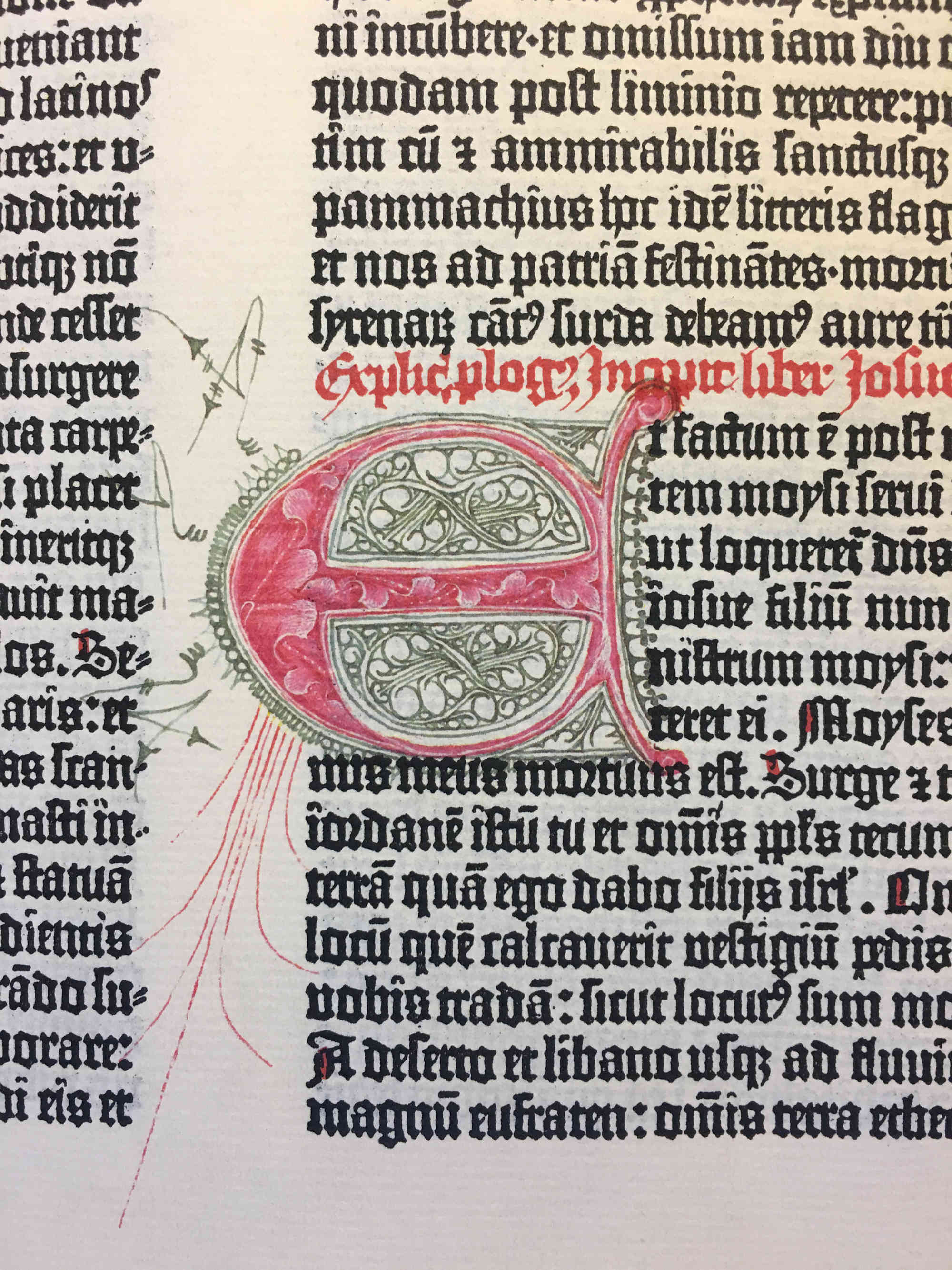 A photo of one of the illuminated dropcaps in the Gutenberg bible facsimile. Matilde and I went through the volume, and there are a lot less than I expected from other photos I’ve seen (something I suppose I’m perpetuating by showing this rather than a page of type alone)