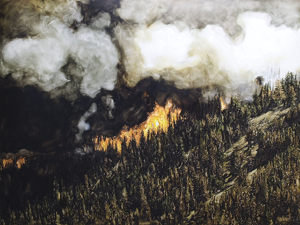 Evan Lee Forest Fire, Brookmere, BC, after found BCFS Aerial Photograph, 2010, (2010) acrylic medium, ink jet print. Collection of the Vancouver Art Gallery. 