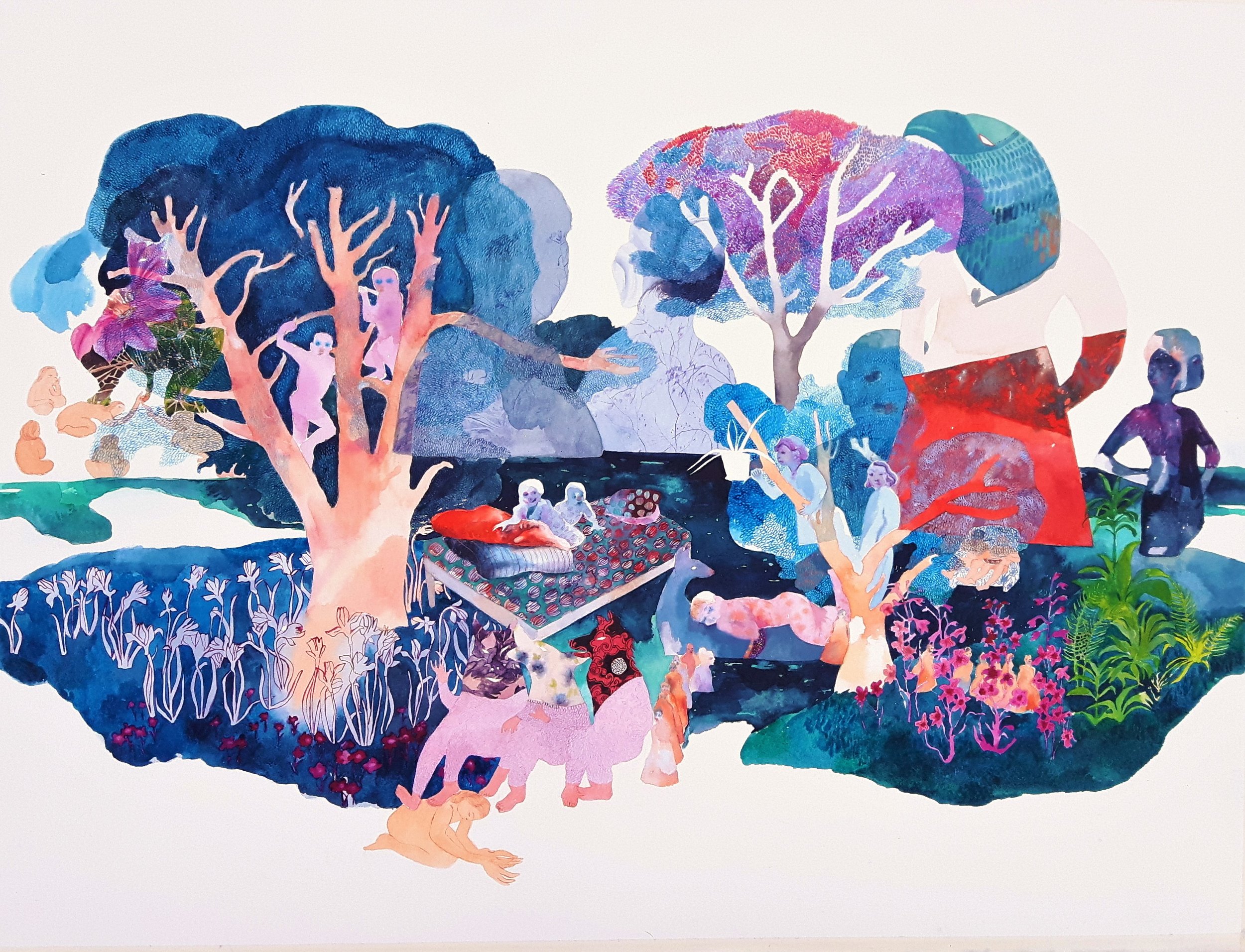 Sara Khan, Childhood Games (from the series Ubiquitous Follies ) , 2017, watercolour on paper