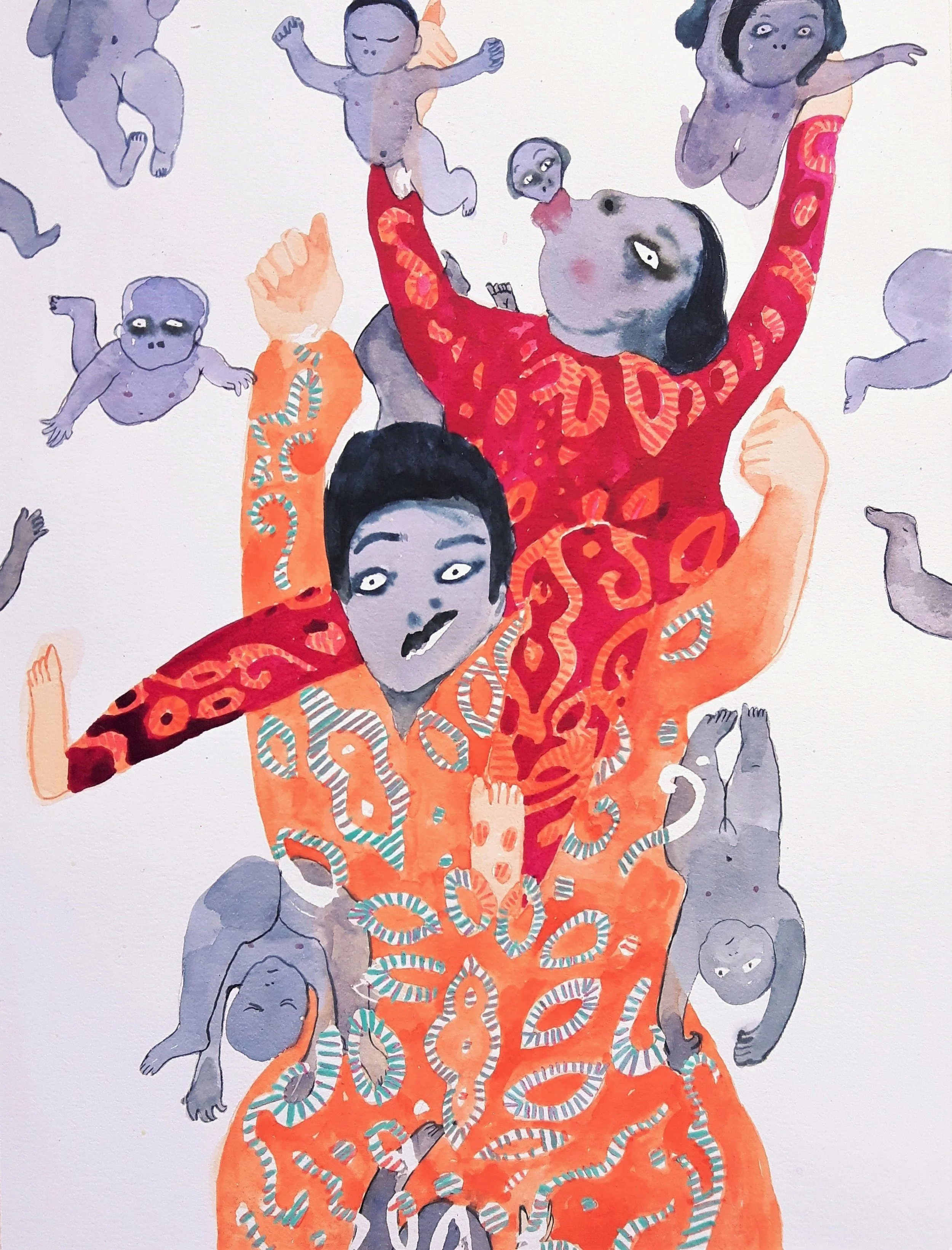 Sara Khan, The Fertile Couple (from the series Mindforking ), 2016, watercolour on paper