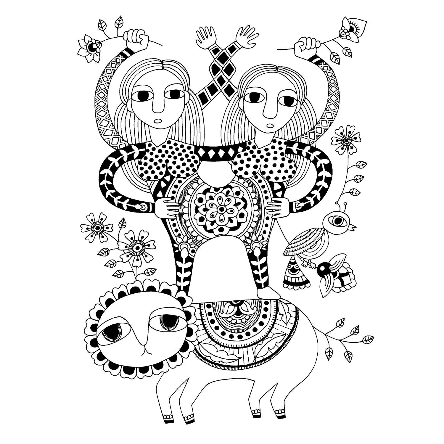 Artwork: Twins on a Lion by Sandeep Johal (ink on paper)