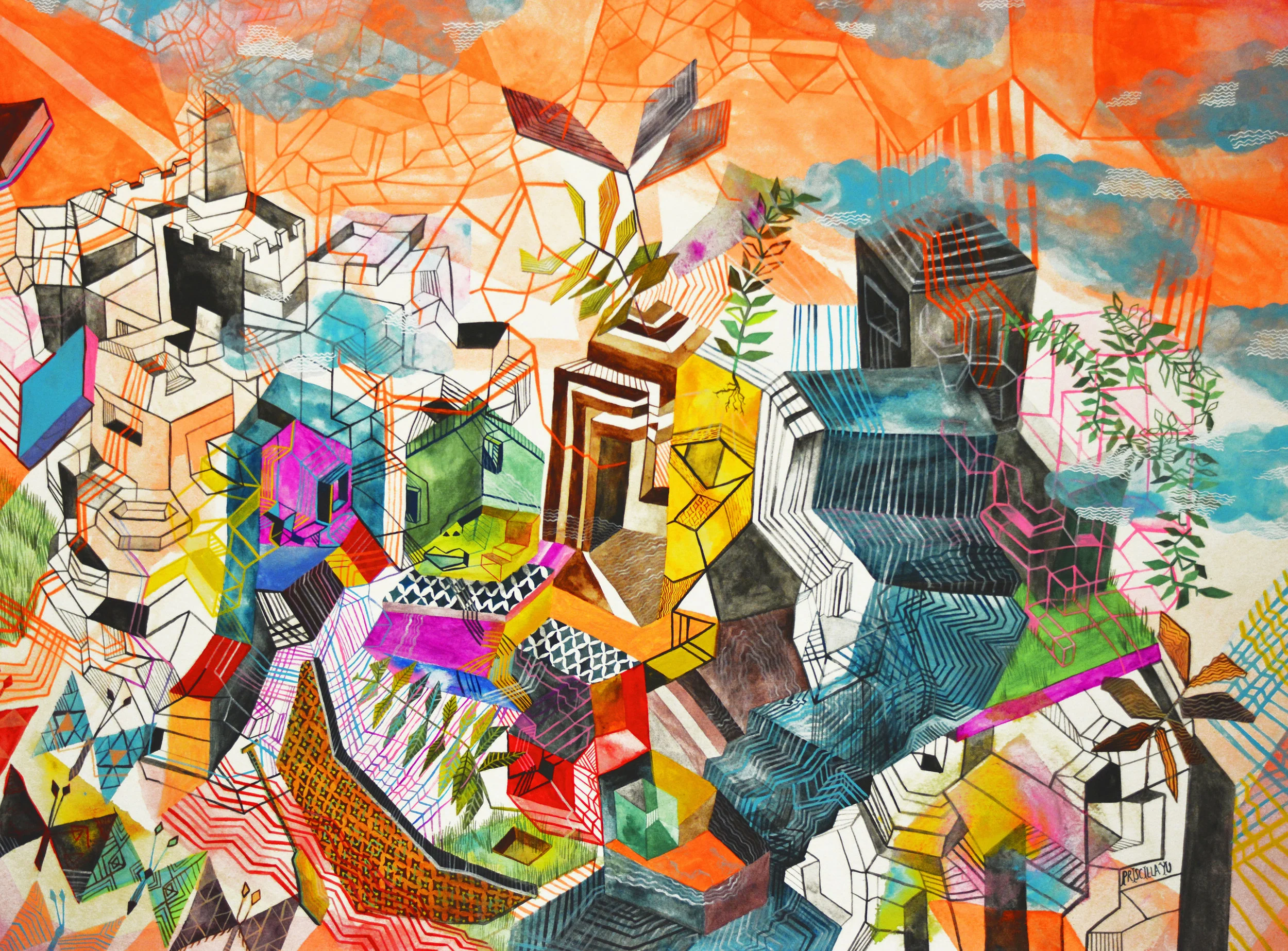 Priscilla Yu, The Glass Castle and the Obelisk Storm, 2015, Gouache on watercolor paper