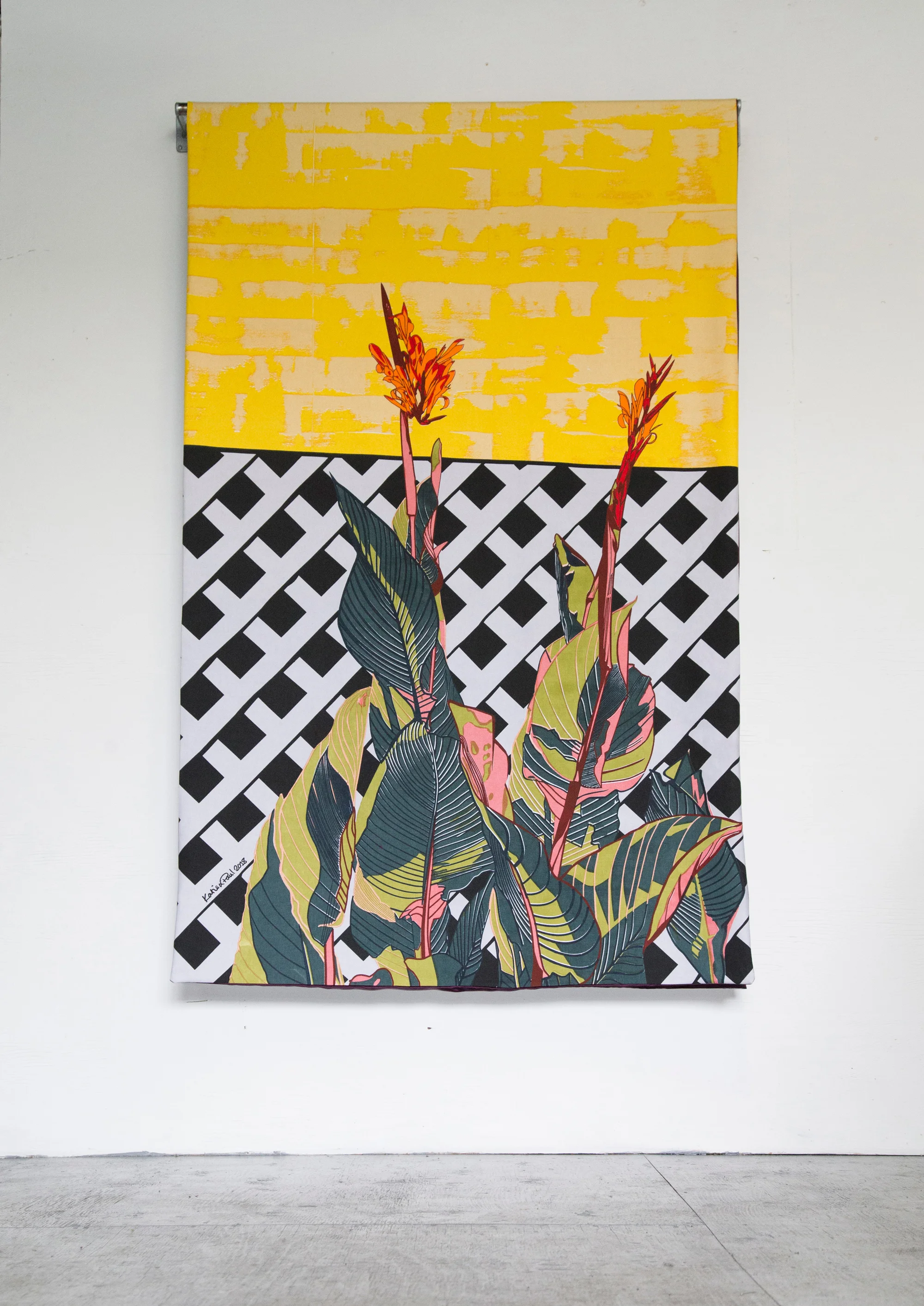 été installation Pigment Hand screen print and painting on cotton canvas backed in Satin 2.5m x 1.5m