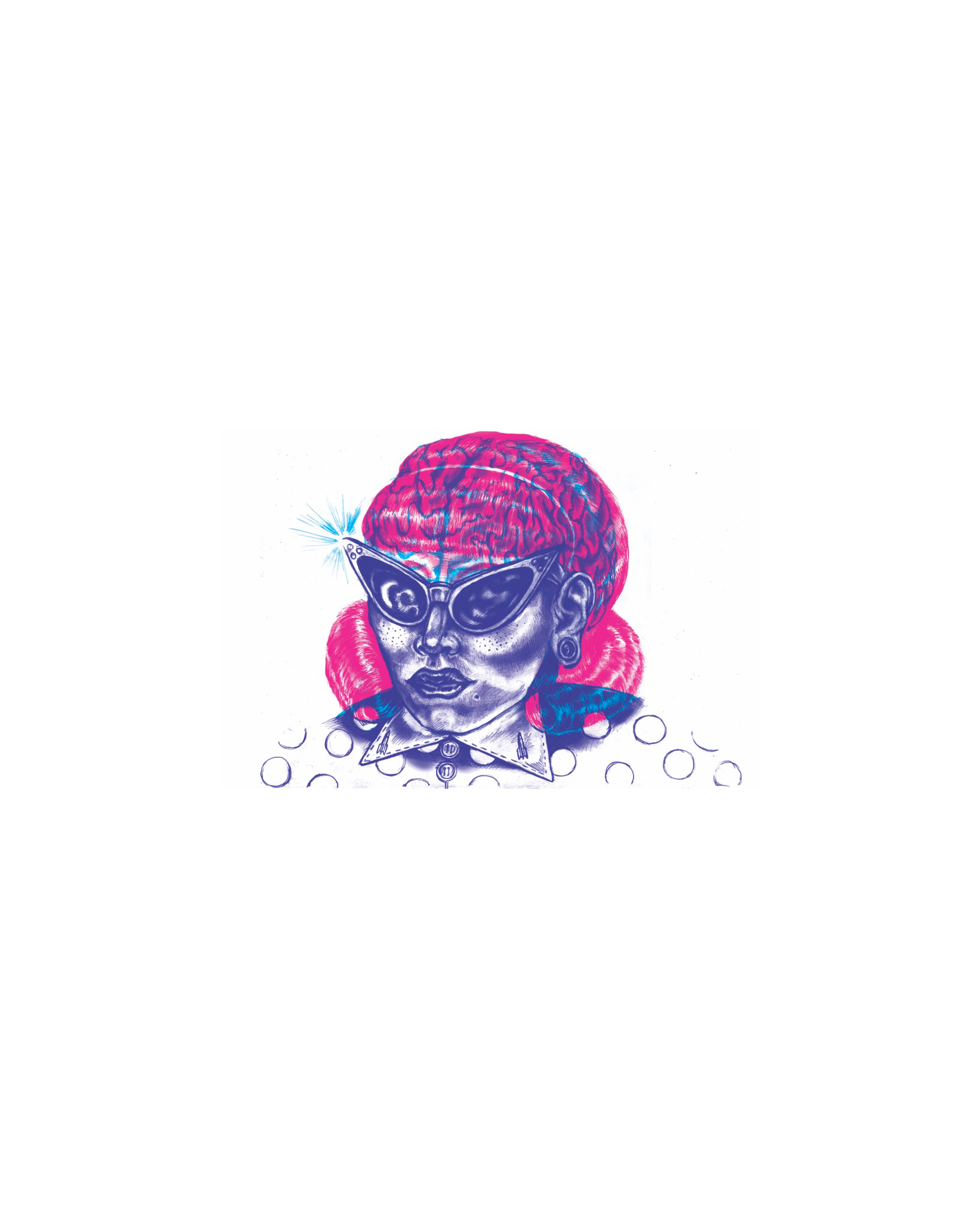 Illustration for the story excerpt Profiles in Courage: Brooklyn Edition by Chris Gilmore in Broken Pencil Magazine, Summer 2018, Issue 80. Medium: Pencil on paper, Photoshop double image. (Using those old 3d glasses with the blue and red lenses, look through one lens or the other. Based on the colour you look through, the image will change or move. )