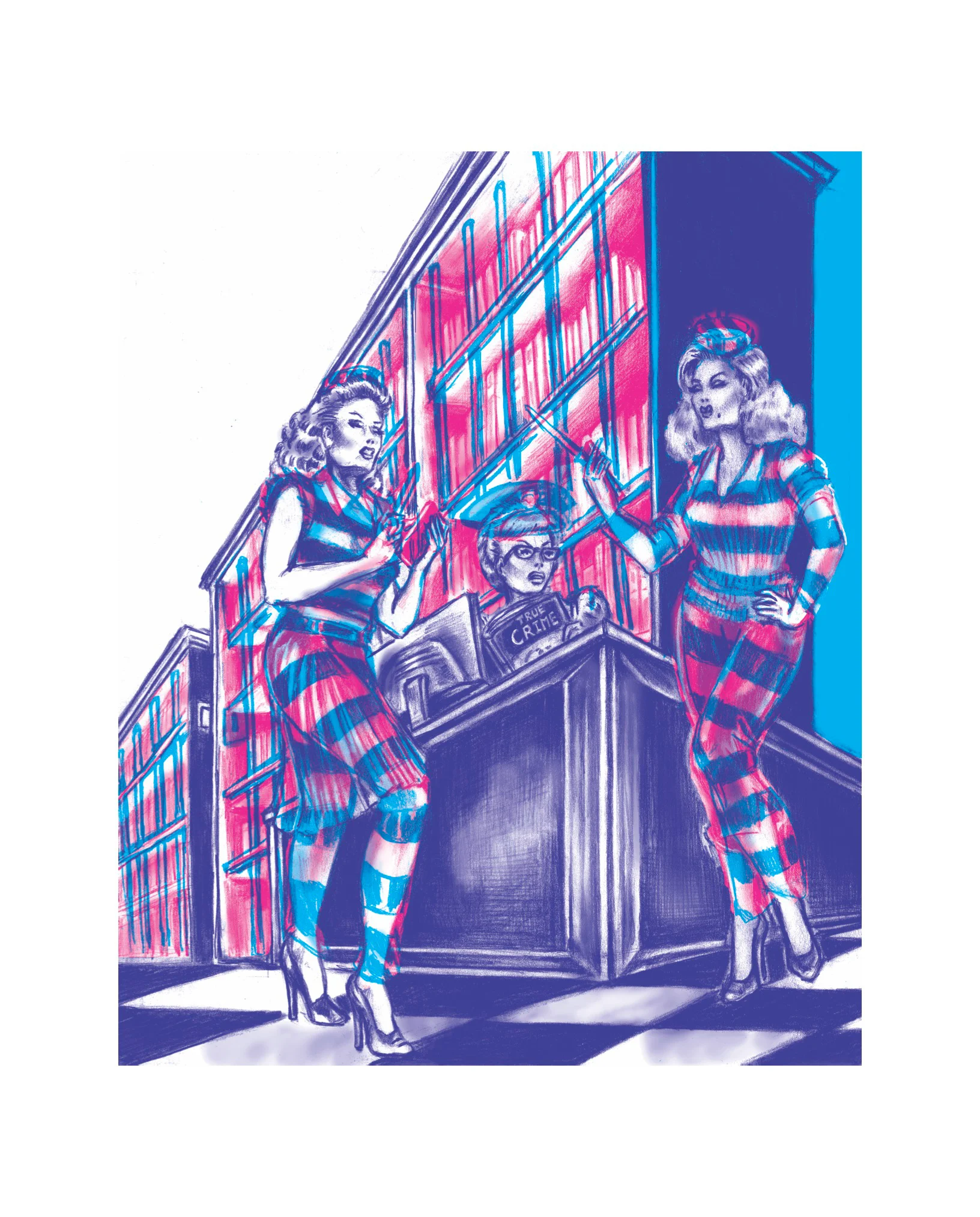 Trapped in a Cell ilustration cover of Broken Pencil Magazine, Summer 2018, Issue 80. Medium: Pencil on paper, Photoshop double image. (Using those old 3d glasses with the blue and red lenses, look through one lens or the other. Based on the colour you look through, the image will change or move)
