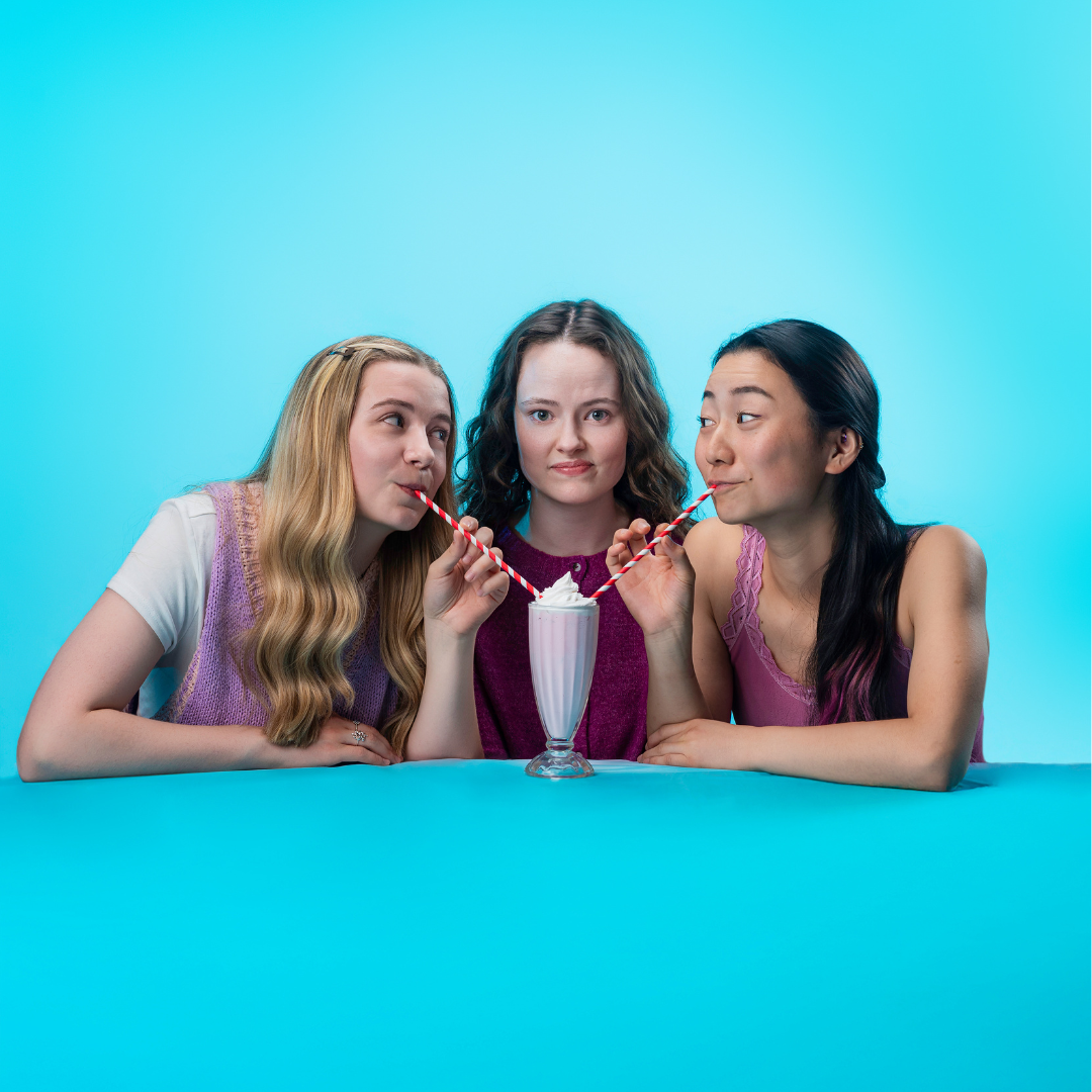 Promotional Images for 2025 Vancouver Fringe Festival production of bff-less, taken by Chelsey Stuyt of the main cast drinking a milkshake