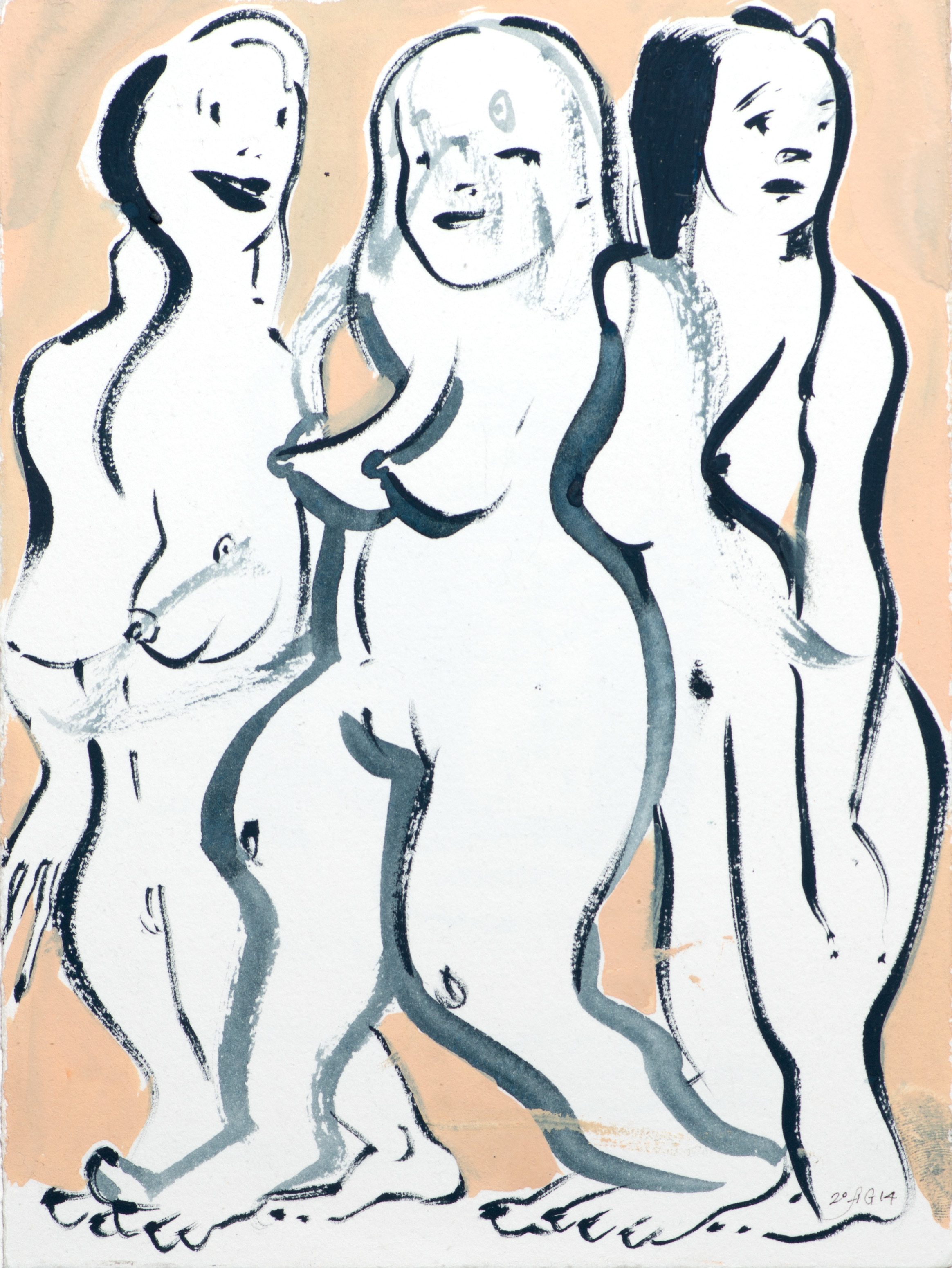   Modern Ladies , 2014 Gouache and ink on paper 11 x 9 inches 