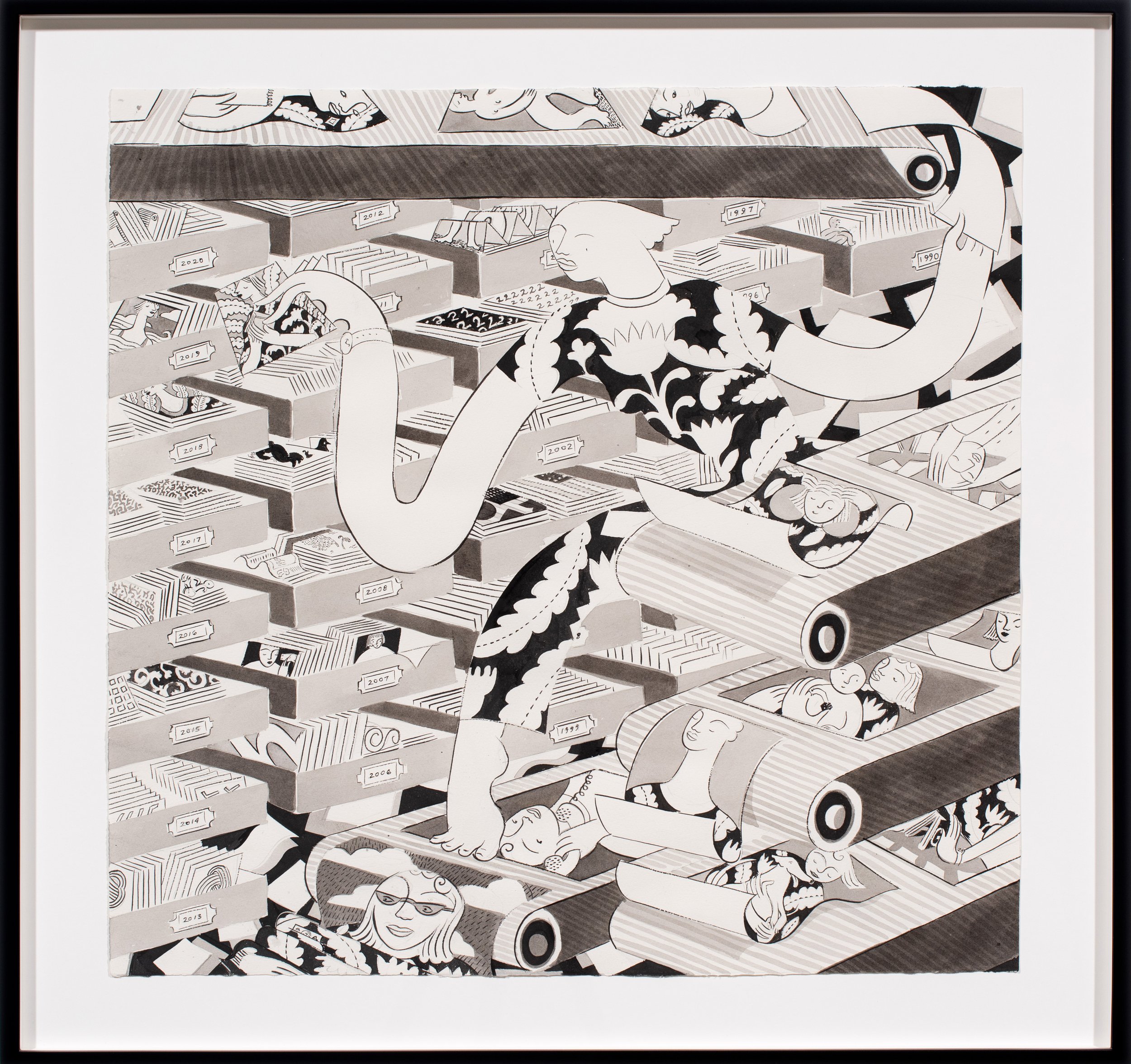   The Running Archive,  2020 Ink, ink wash, and pencil on paper  26 1/2 x 28 x 1 3/4 inches (framed)  