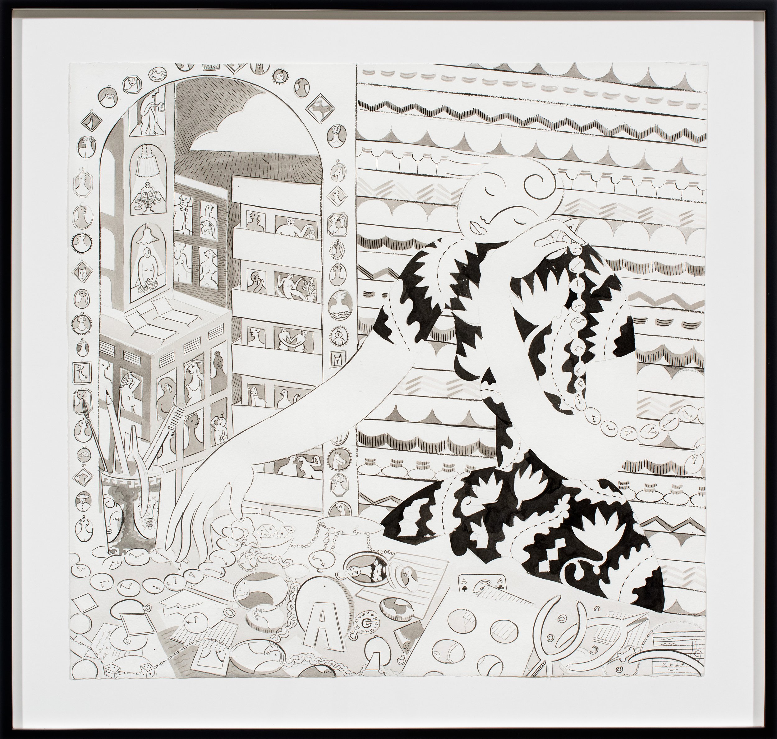   The Little Things,  2020  Ink, ink wash, and pencil on paper  26 1/2 x 28 x 1 3/4 inches (framed)  