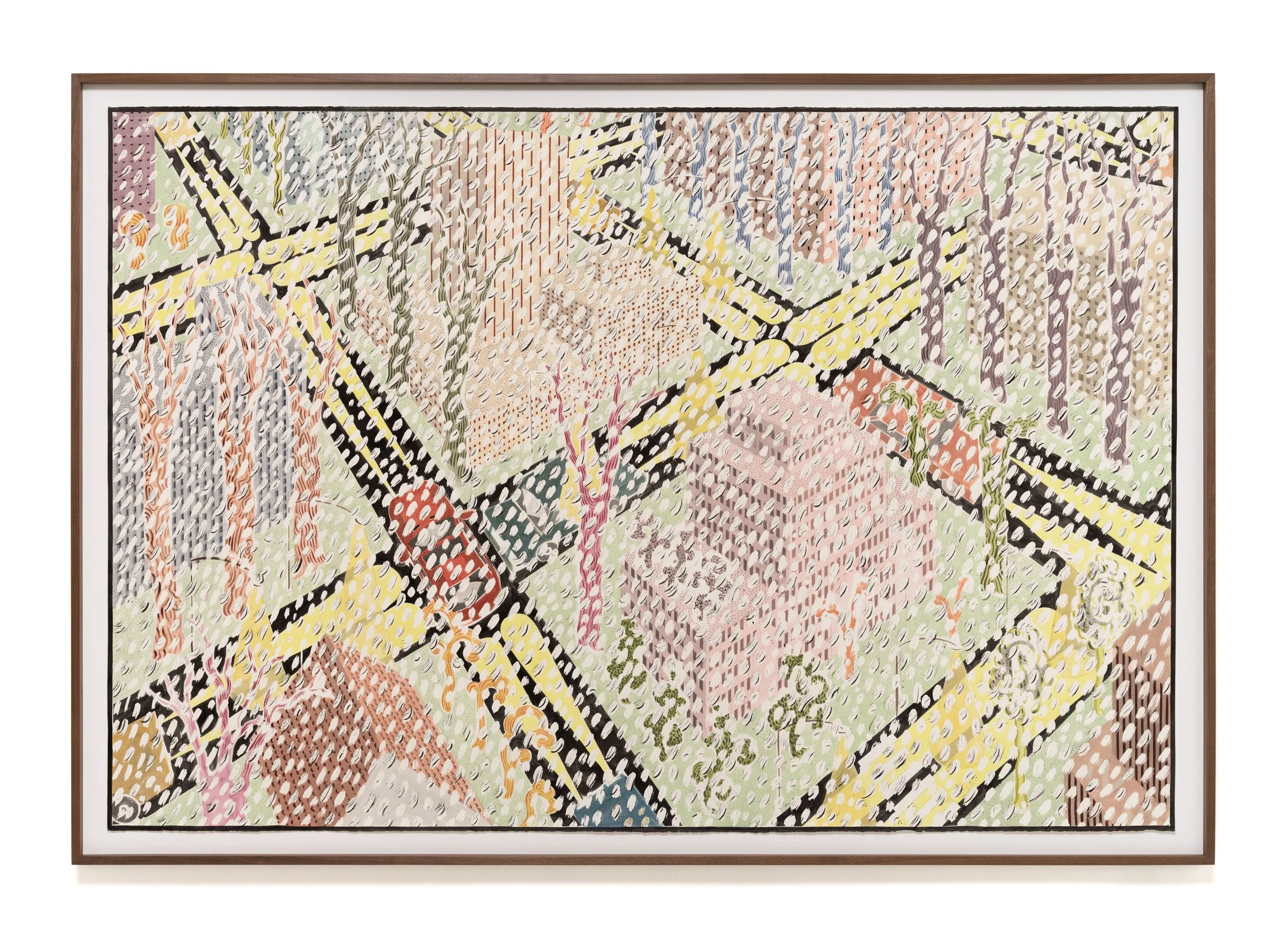   Soft Edges , 2026 Gouache, watercolor, and ink on paper 65 ⅝ x 94 ⅜ x 2 inches (framed) 