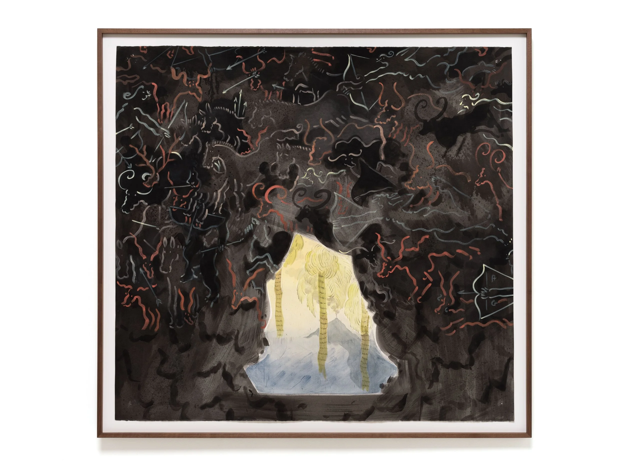   Den of Antiquity , 2026 Gouache, watercolor, and ink on paper 65 x 69 x 2 inches (framed) 