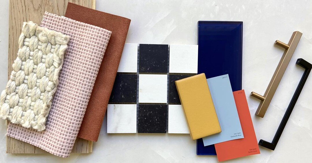 Add some fun to your Monday with us! 

Our material board contrasts bright pops of color with light neutrals and classic patterns. We thought this would make a great palette for a hotel, caf&eacute;, or restaurant! Or if you&rsquo;re feeling adventur