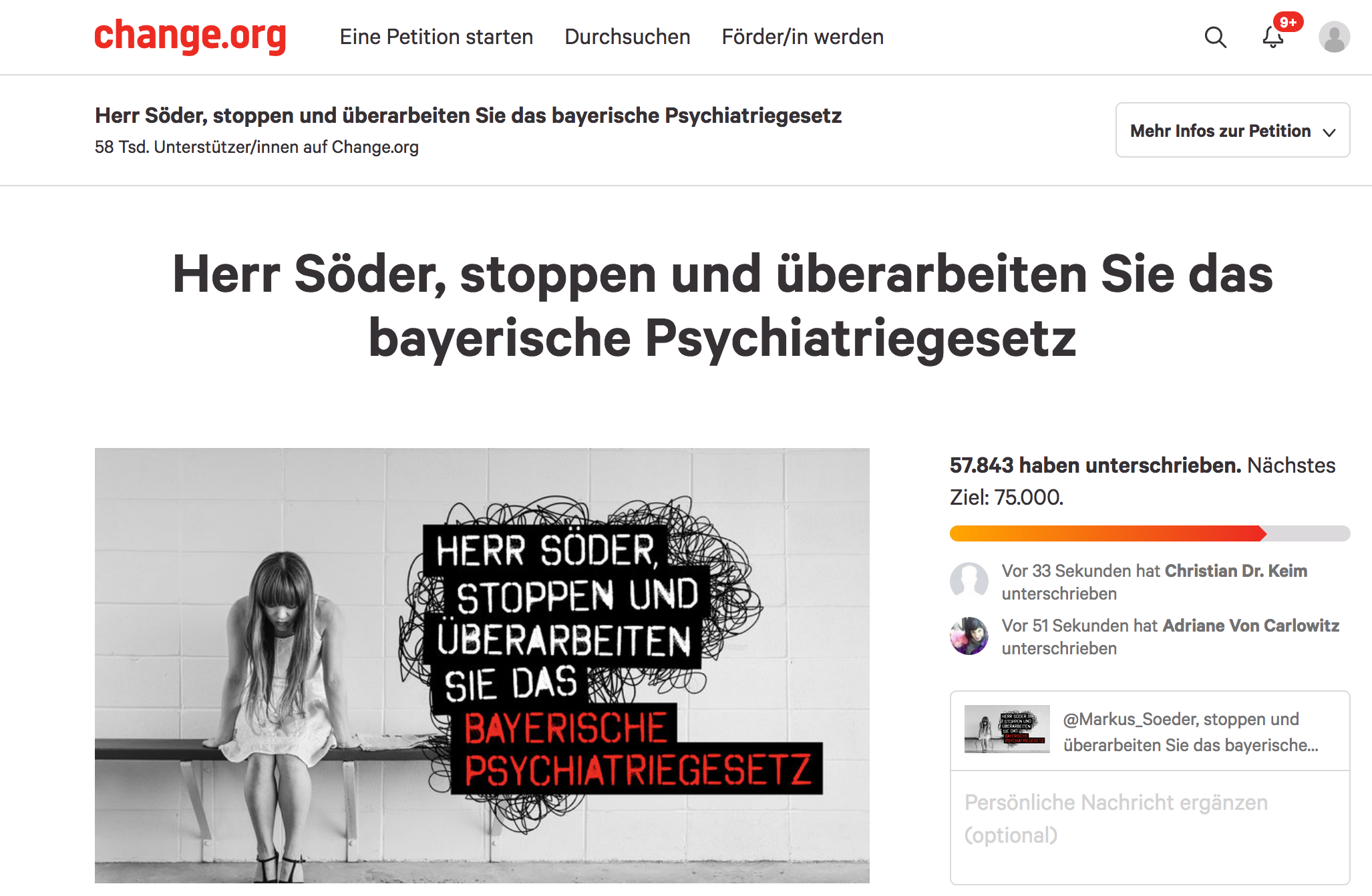 Seitenansicht der Petition auf der Plattform "change.org"
