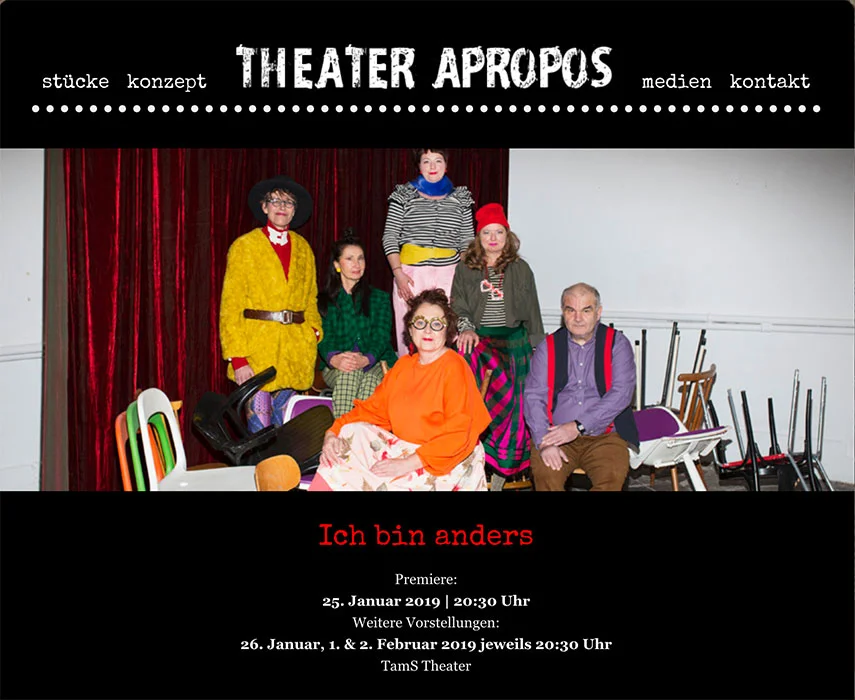 Titelbild der aktuellen Produktion “Ich bin anders” auf der Website des “Theater Apropos”