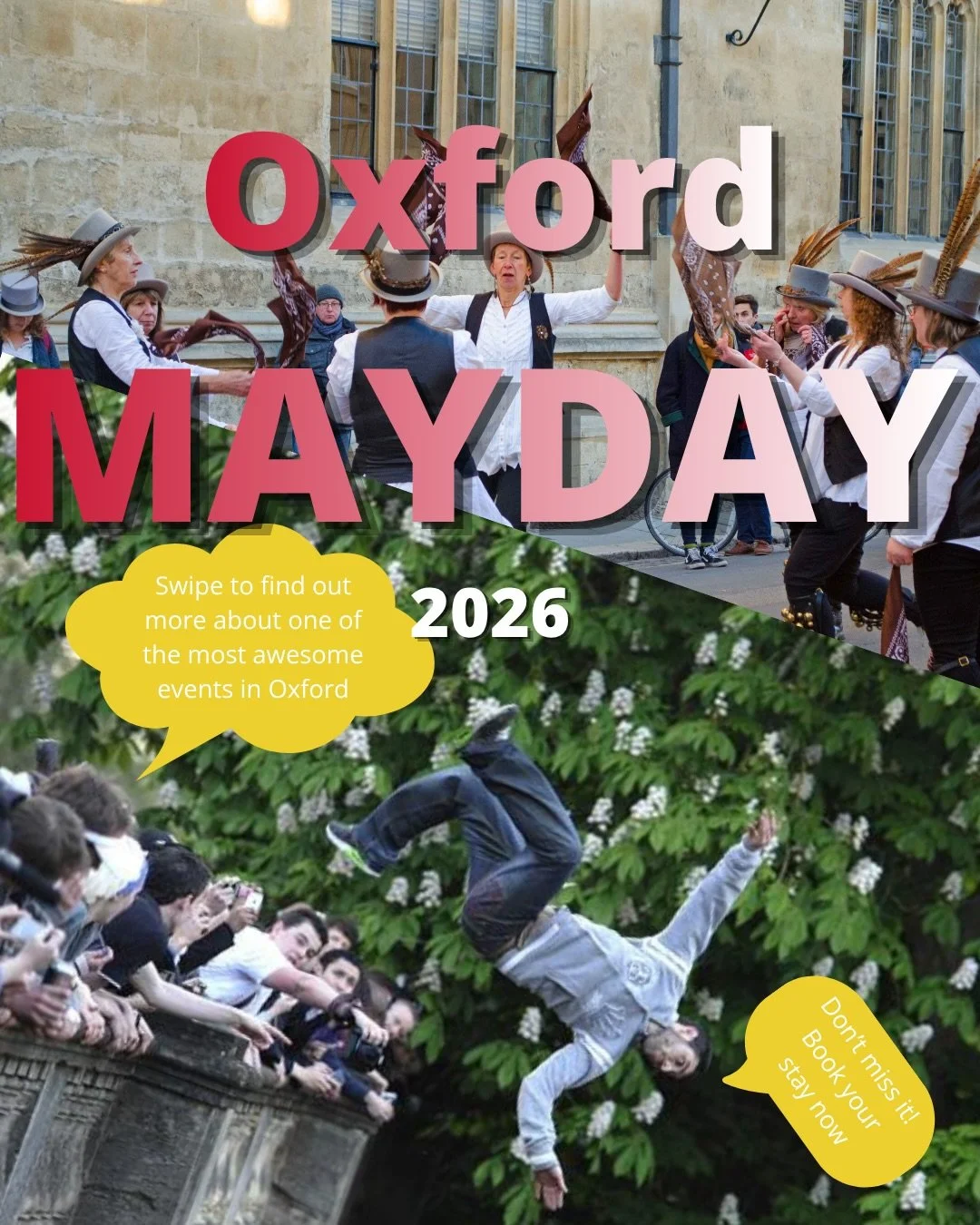 Go where the locals go: Mayday in Oxford - a unique tradition older than 500 years!🤯

Oxford will be buzzing with life this Thursday night &amp; Friday morning☀️
Whether you want to listen to the Magdalen College&rsquo;s choir singing&nbsp;Hymnus Eu